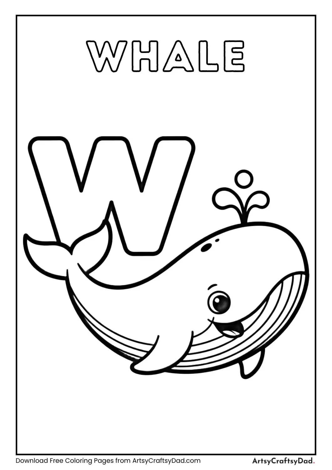 Whale holding letter W coloring page