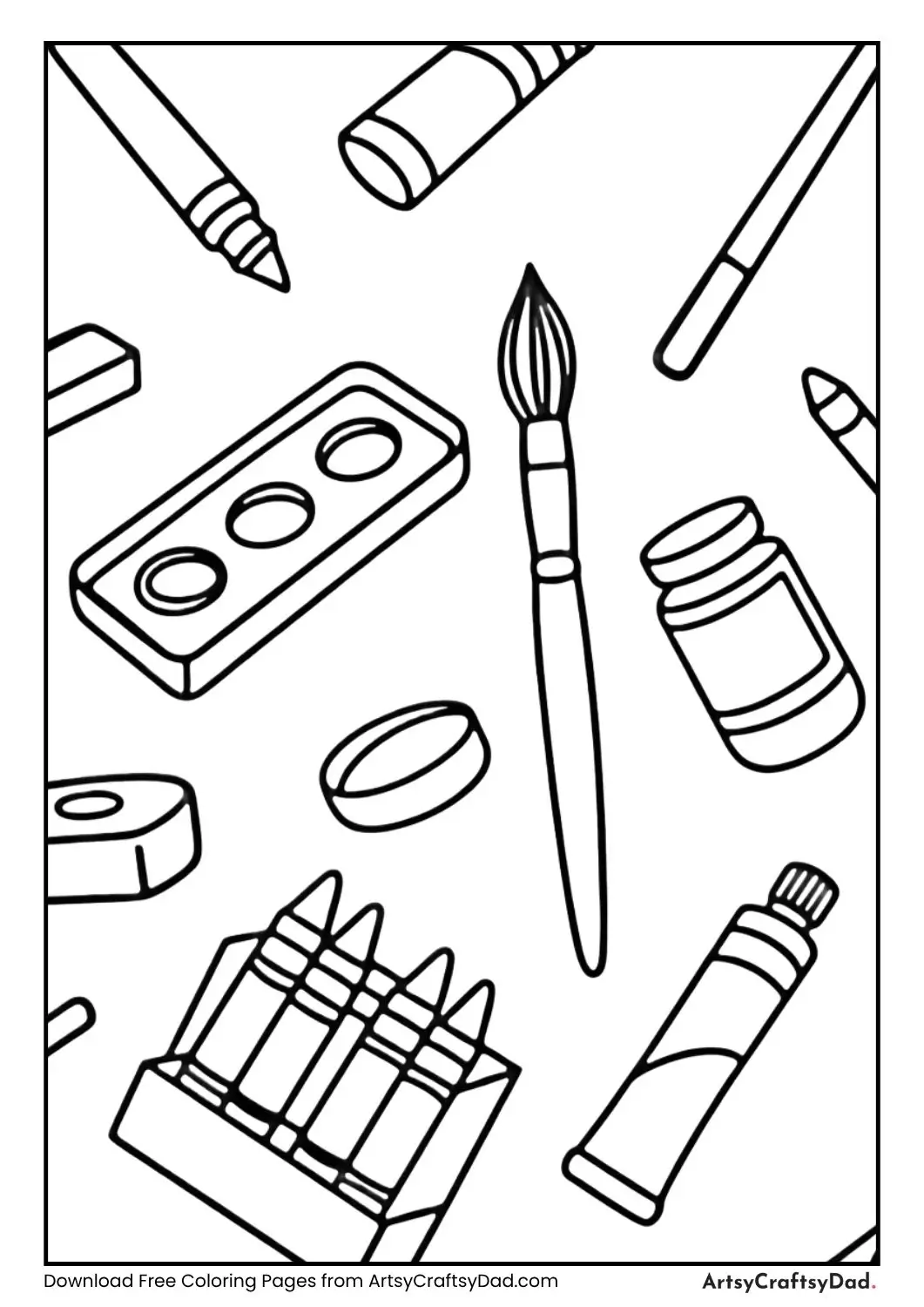 black and white crayons brushes palette coloring page