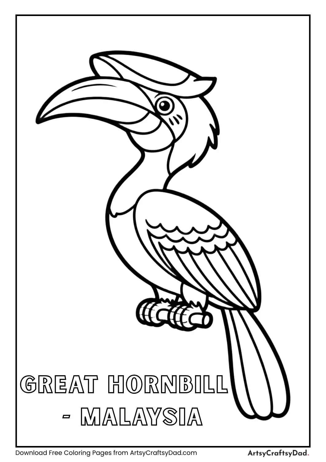 Black and white Great Hornbill with large beak labeled Malaysia