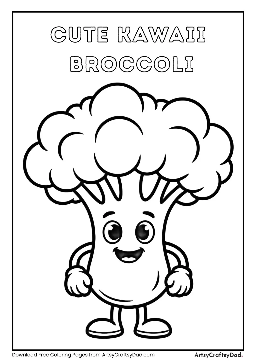 Cute kawaii broccoli character coloring page with smiling face