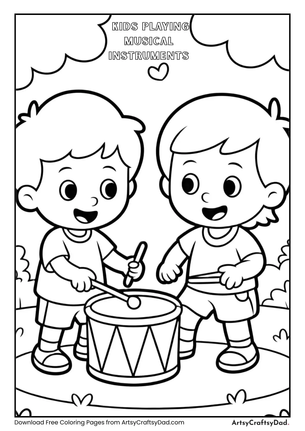 Black and white coloring page of kids playing toy musical instruments in playground