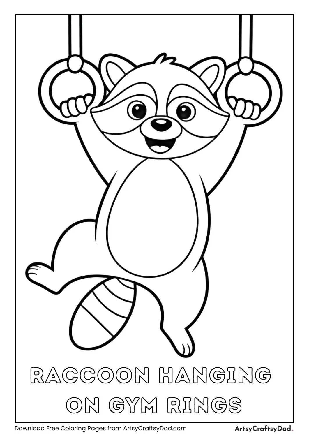 cute raccoon hanging upside down on gym rings coloring page