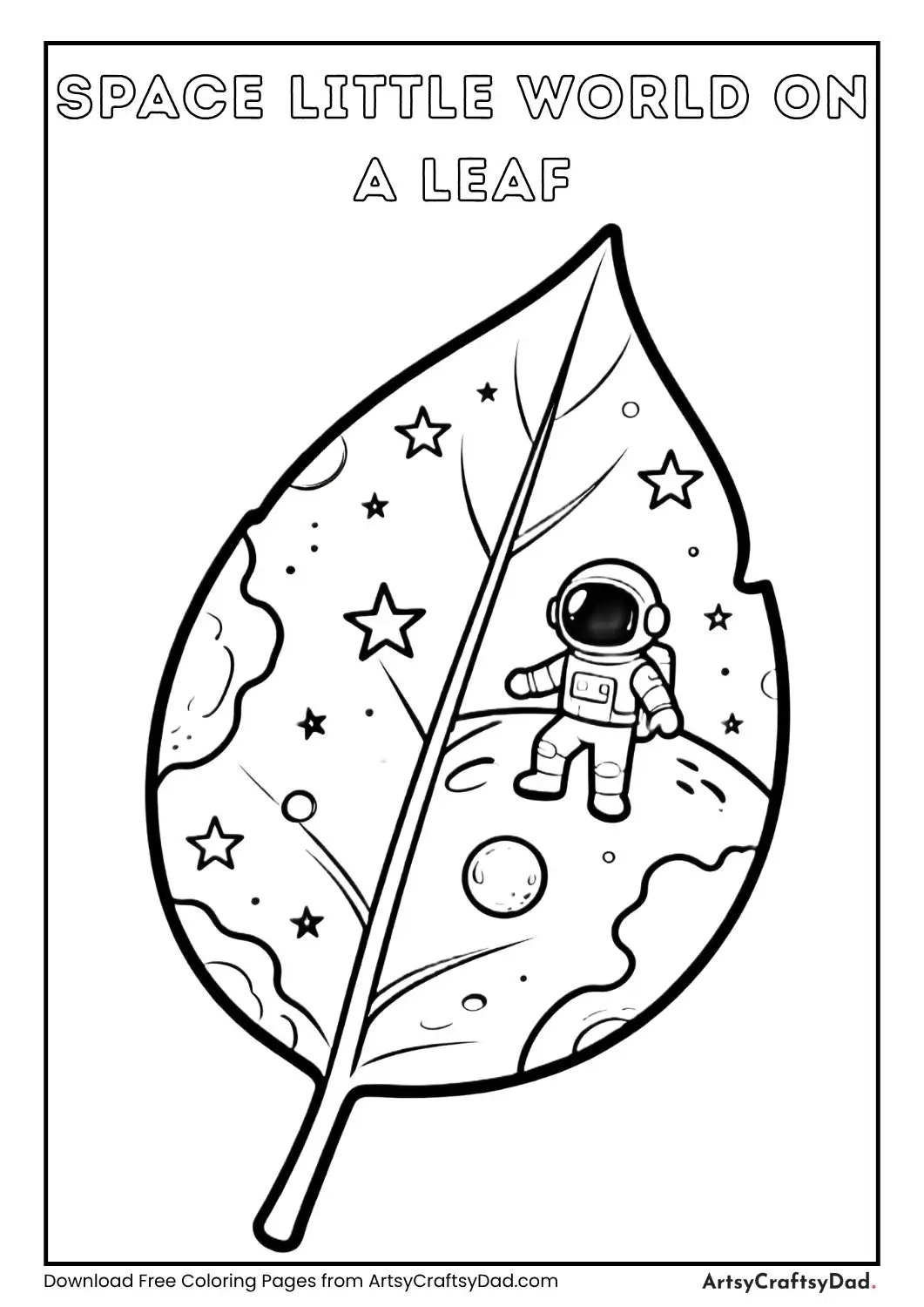 Small space world on a leaf with a cute astronaut simple kids coloring page