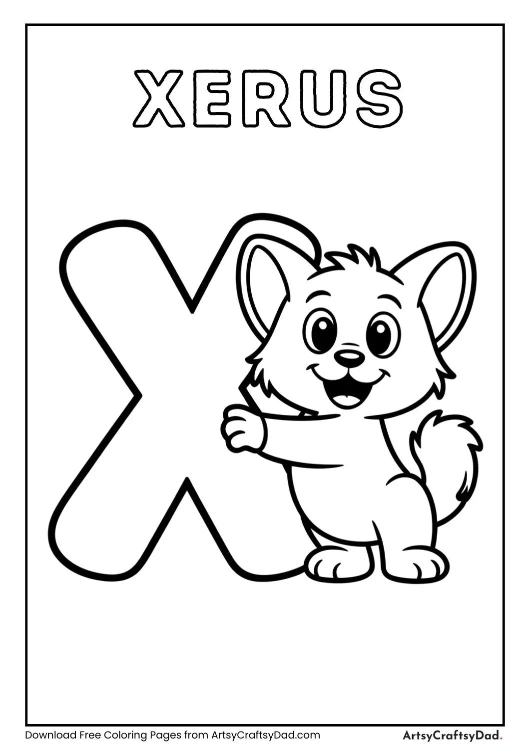 X for Xerus coloring page with a cute xerus sitting beside and hugging the letter X, fluffy tail, simple clean outline