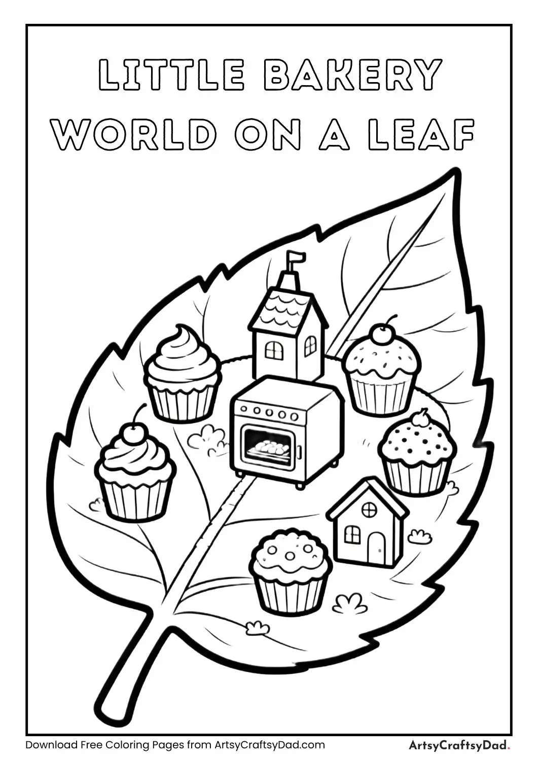 Tiny bakery world on a leaf with cupcakes simple kids coloring page