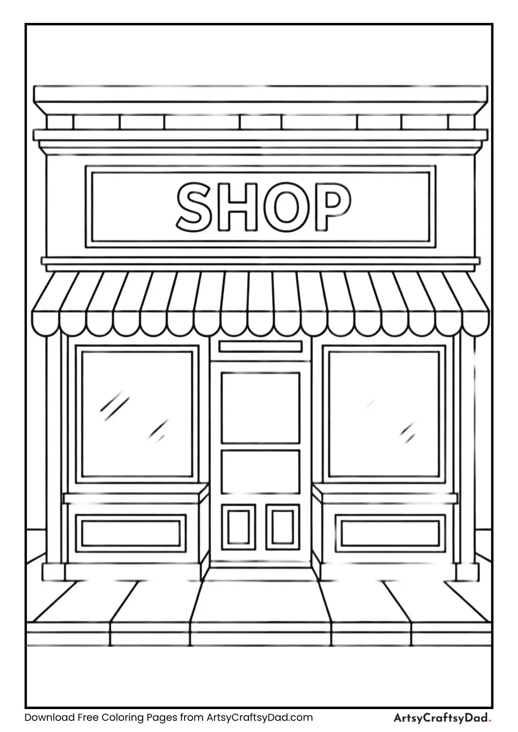 Simple shop coloring page with label shop for grade 1 children