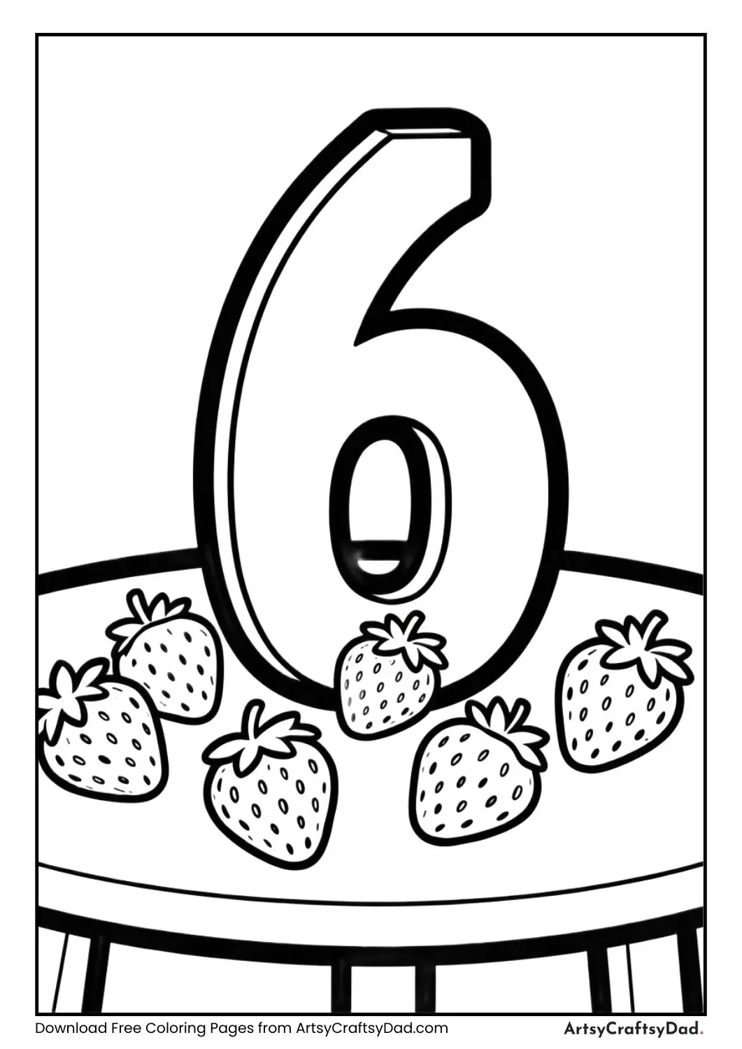 Number 6 with six strawberries coloring page