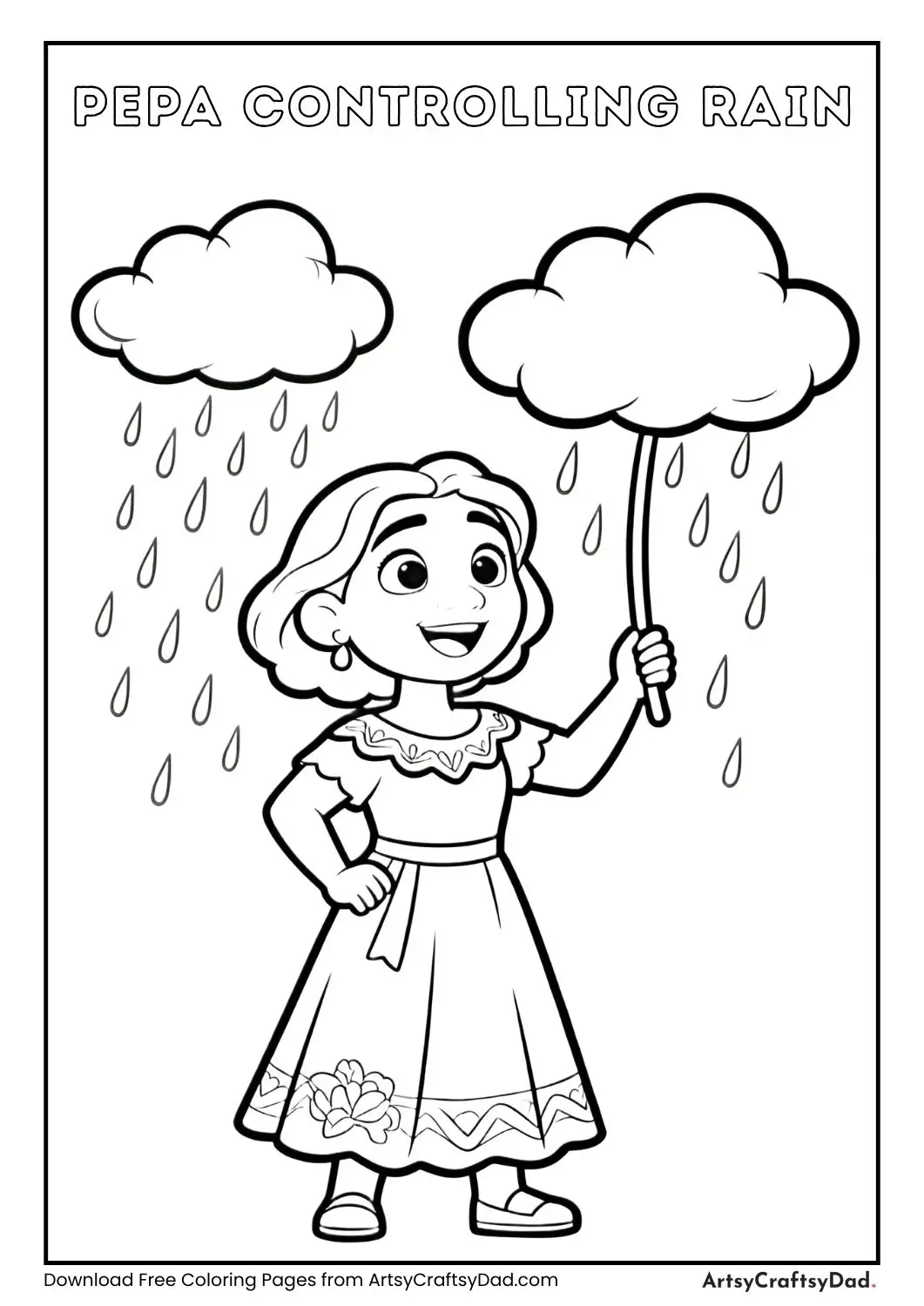 Pepa Madrigal controlling clouds and rain, simple black-and-white coloring page.