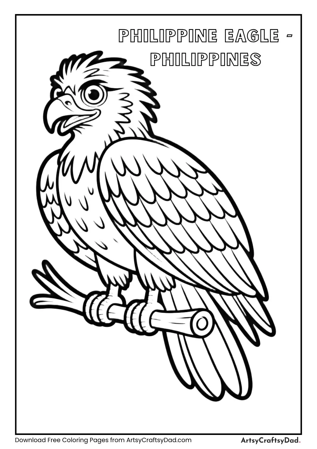 Black and white Philippine Eagle perched labeled Philippines
