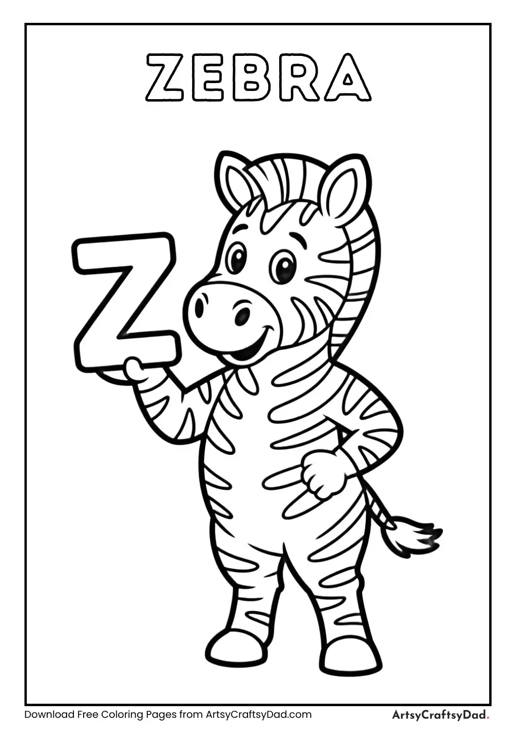 Zebra holding letter Z coloring page