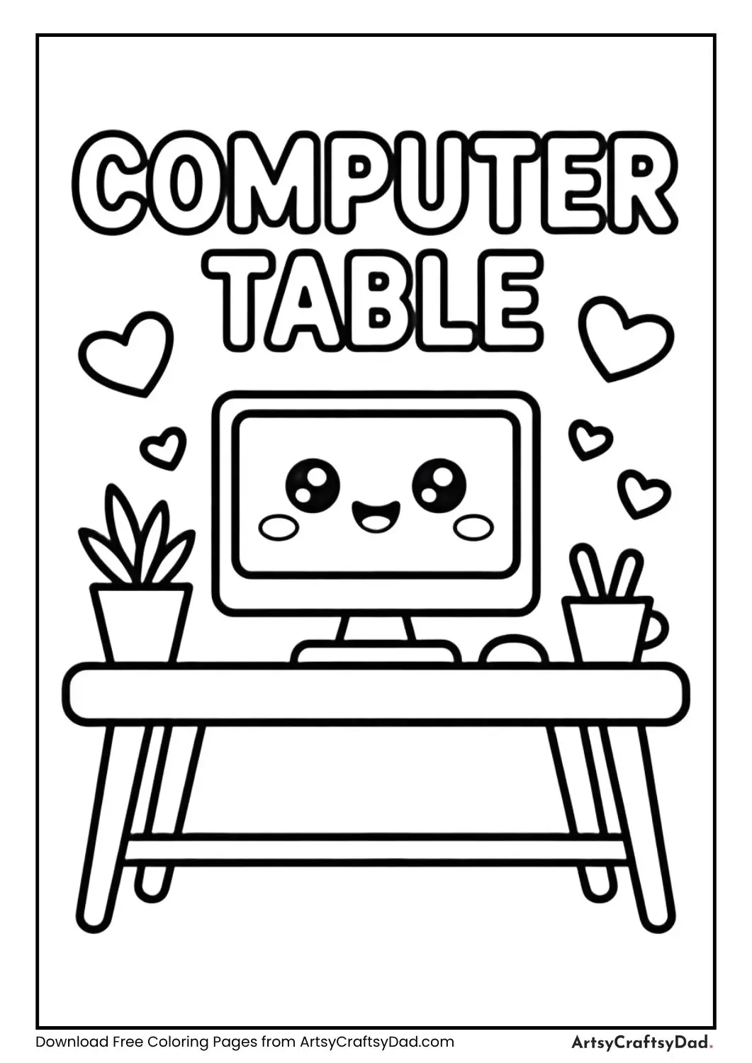 Cute kawaii computer table black and white coloring page with label COMPUTER TABLE