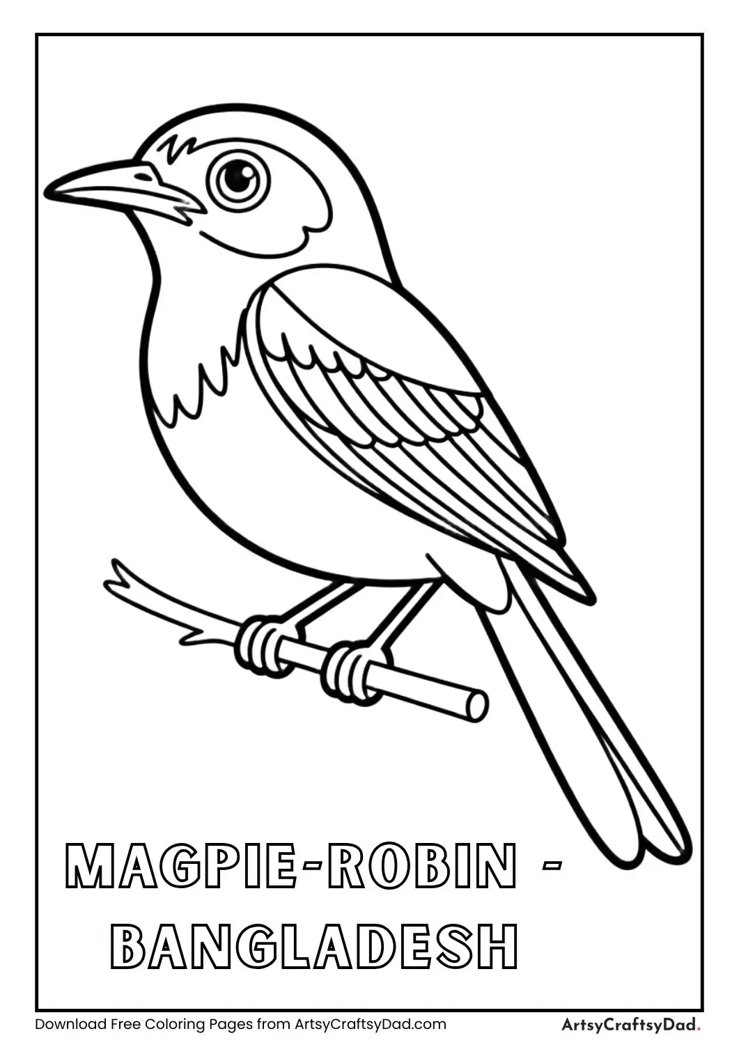 Black and white Magpie Robin sitting labeled Bangladesh