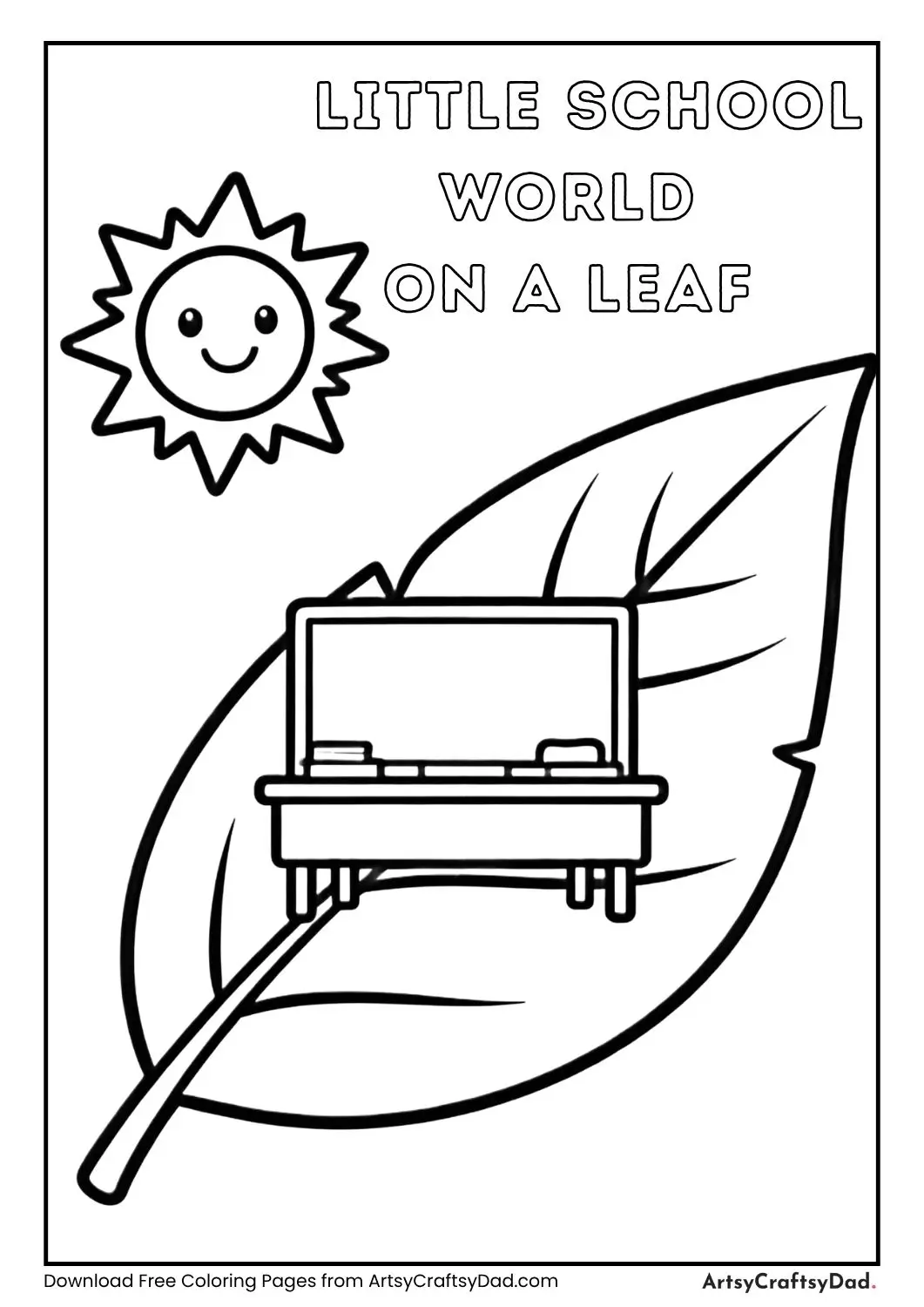 Small school world on a leaf with classroom simple kids coloring page