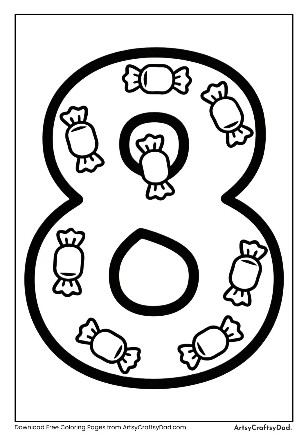 Number 8 with eight candies coloring page