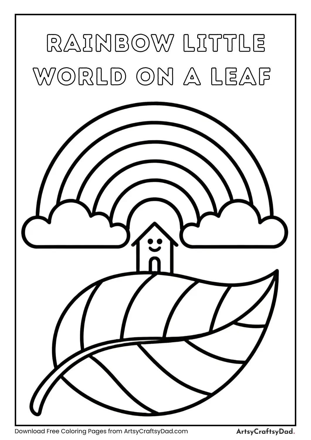 Small rainbow world on a leaf with clouds simple coloring page for kids