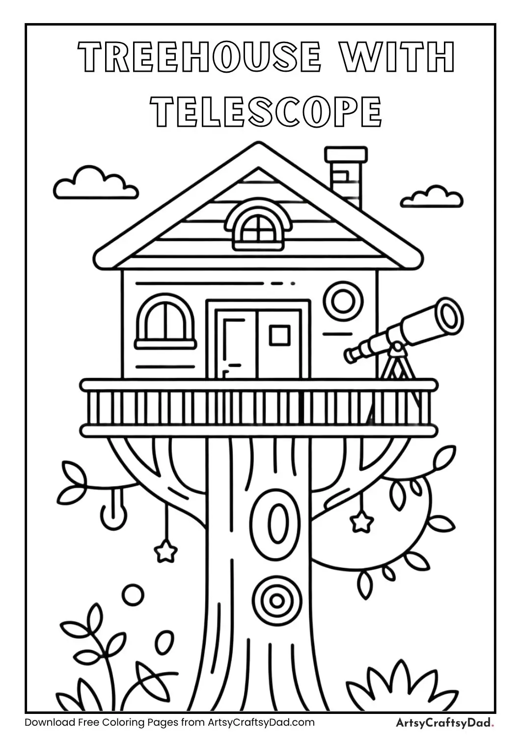 Treehouse with telescope on balcony coloring page