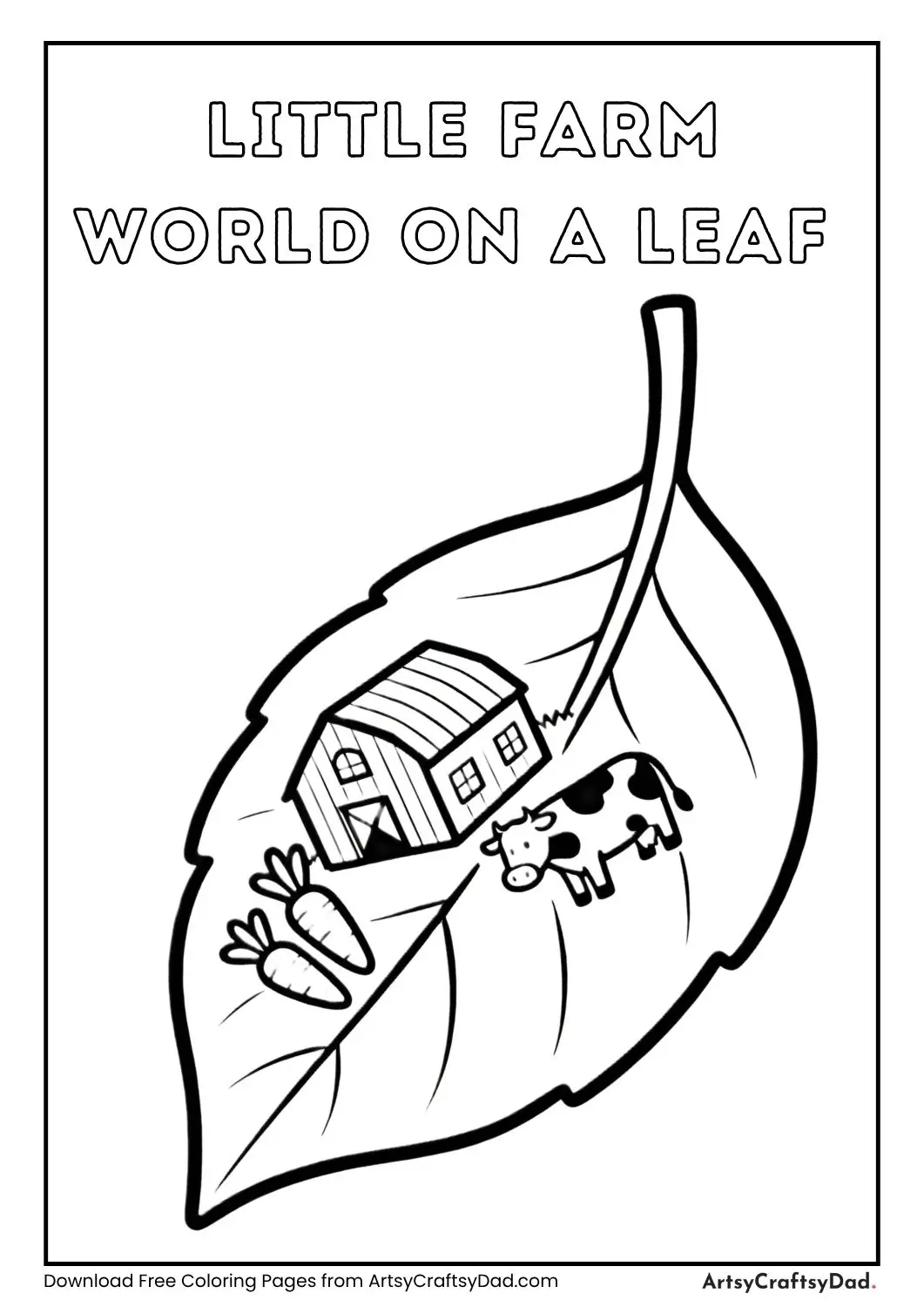 Tiny farm world on a leaf with barn and animals simple kids coloring page