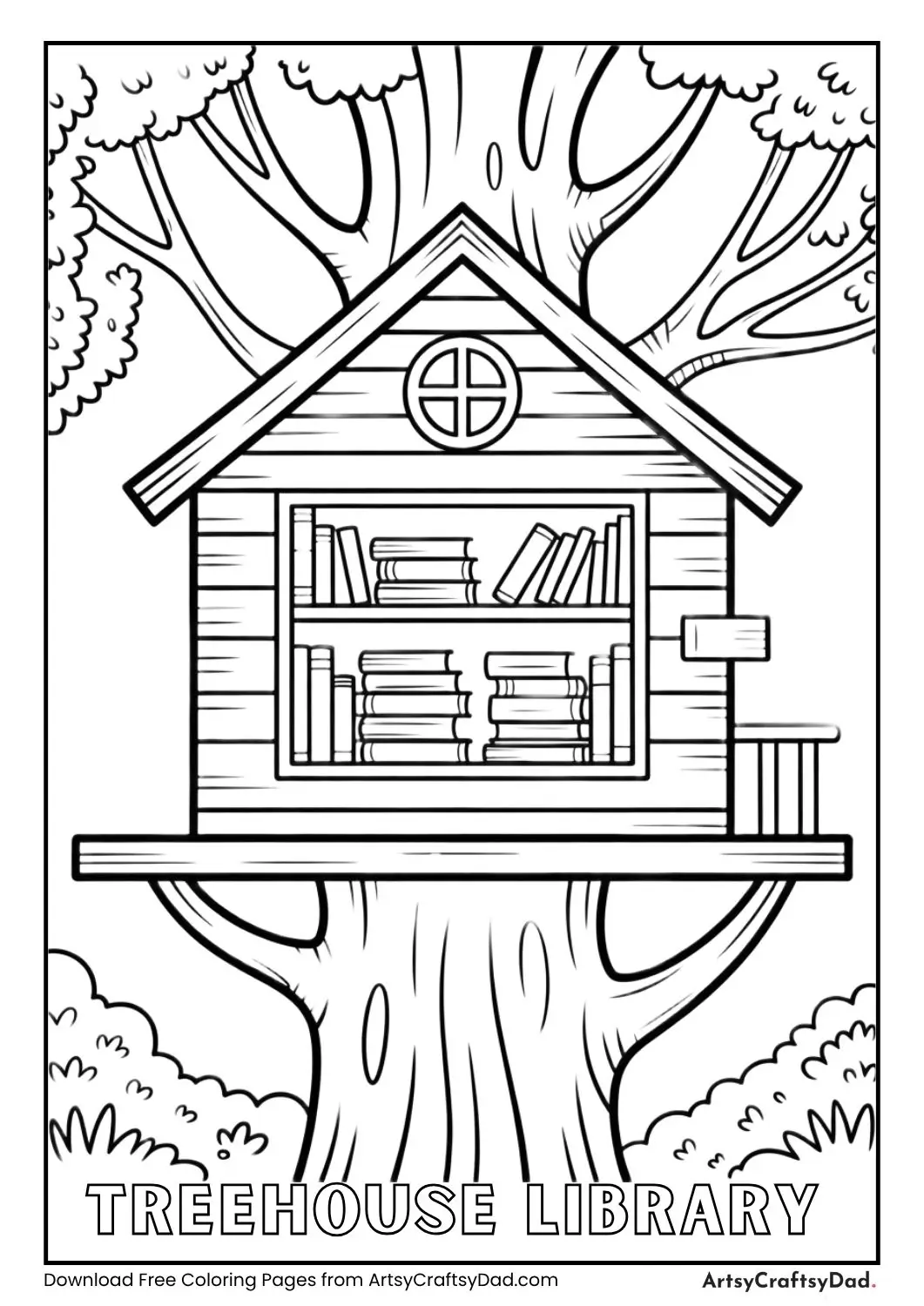 Treehouse with books visible through window coloring page