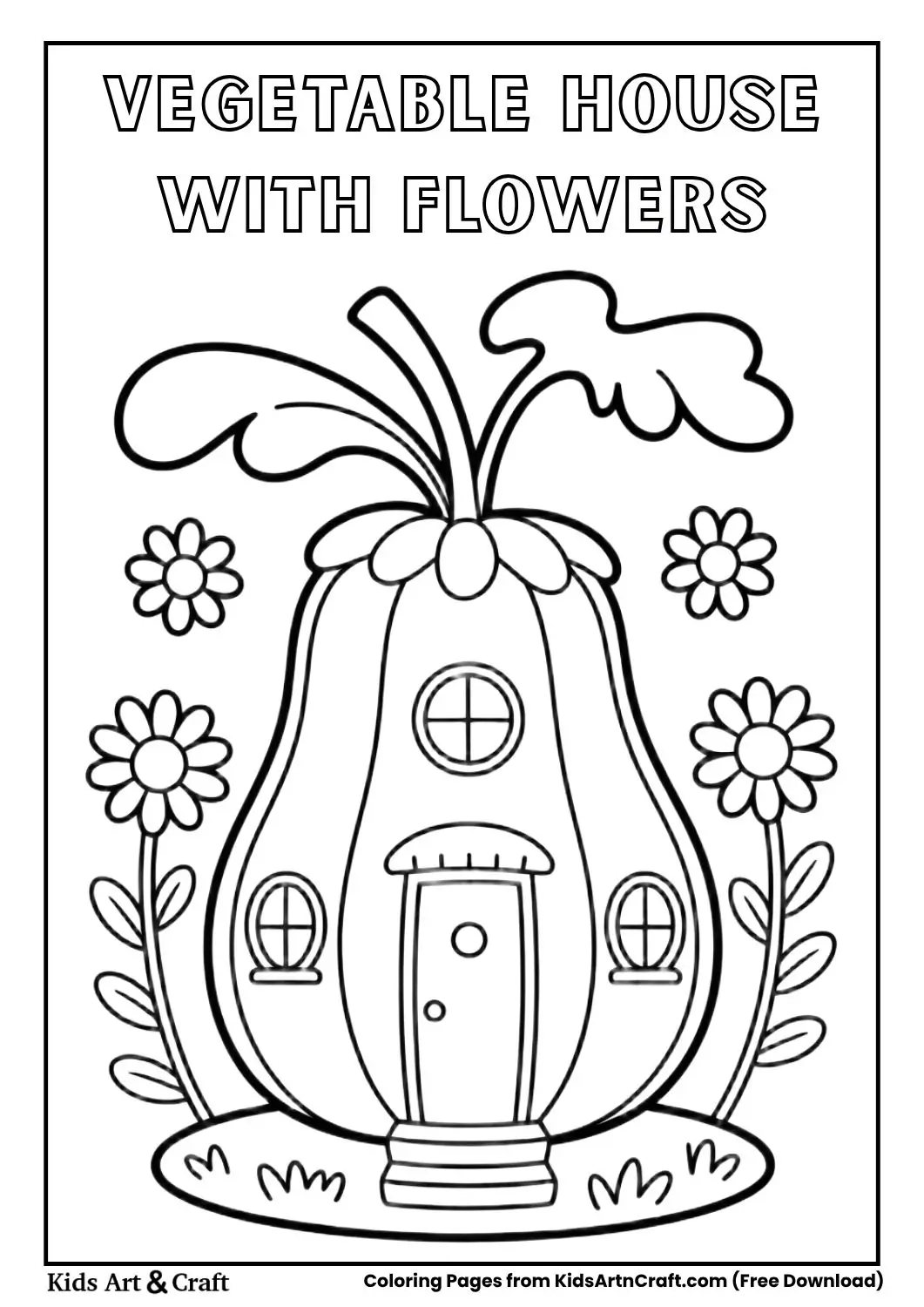 Simple vegetable house with flowers black and white coloring page for kids