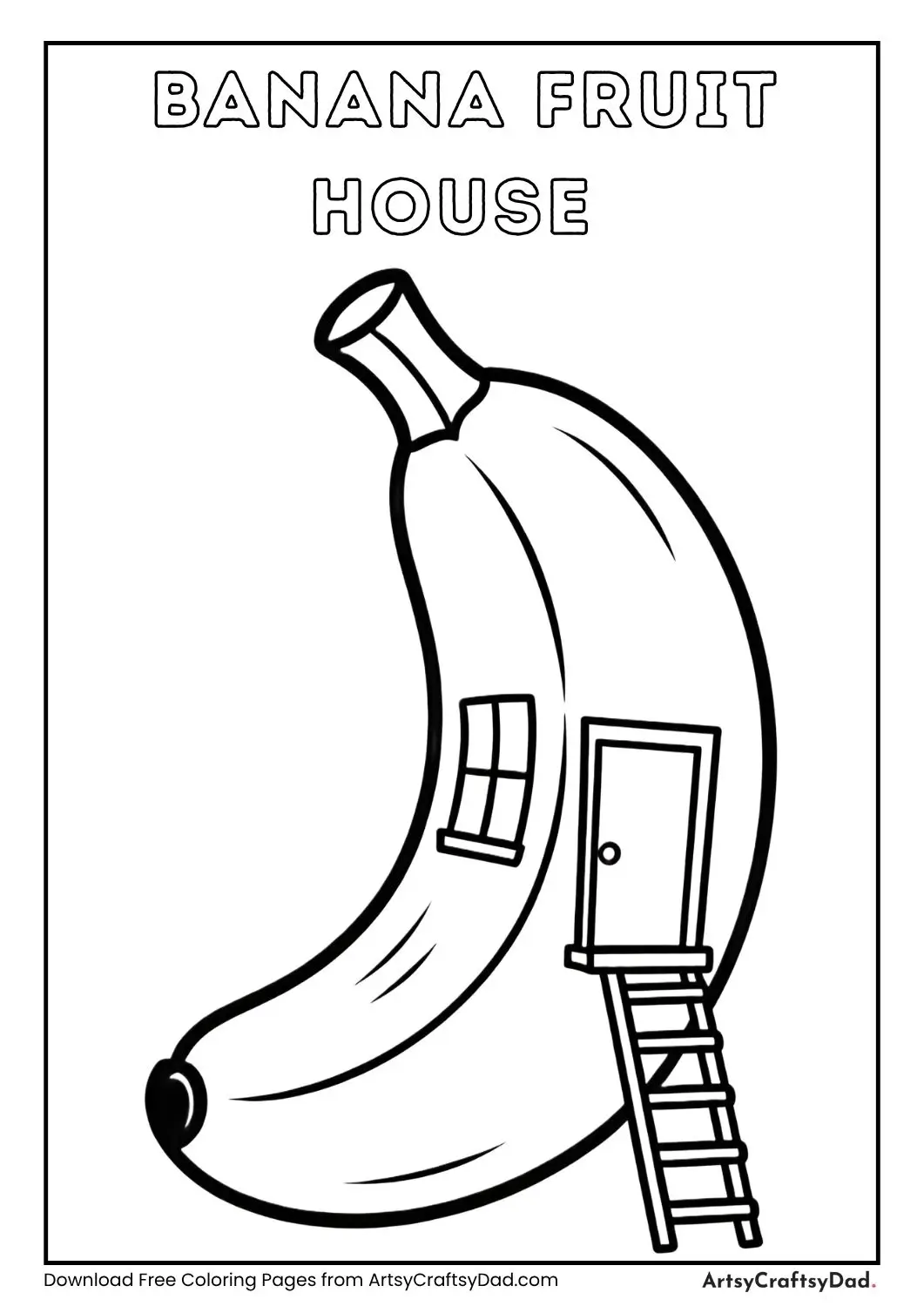 Black and white banana shaped house coloring page with simple door and windows
