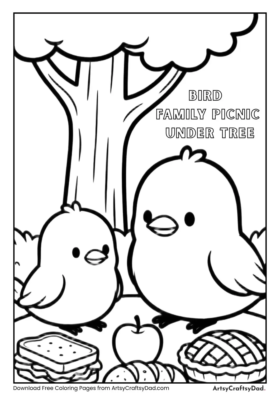 Bird family having picnic under tree coloring page