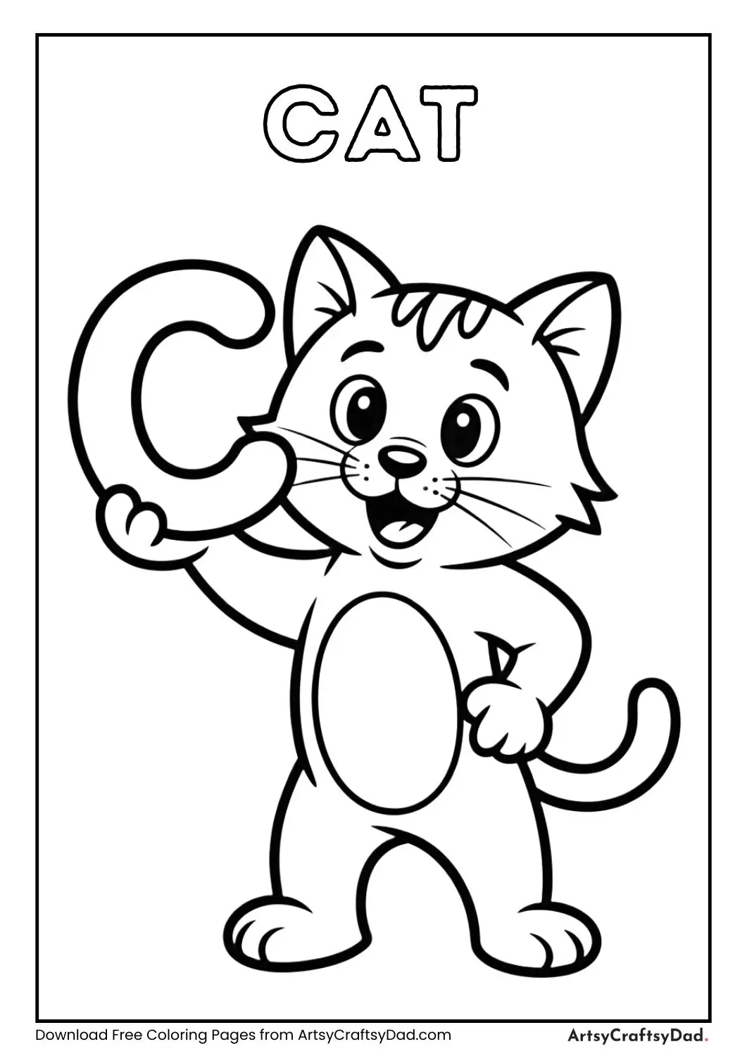 Cartoon cat holding letter C coloring sheet