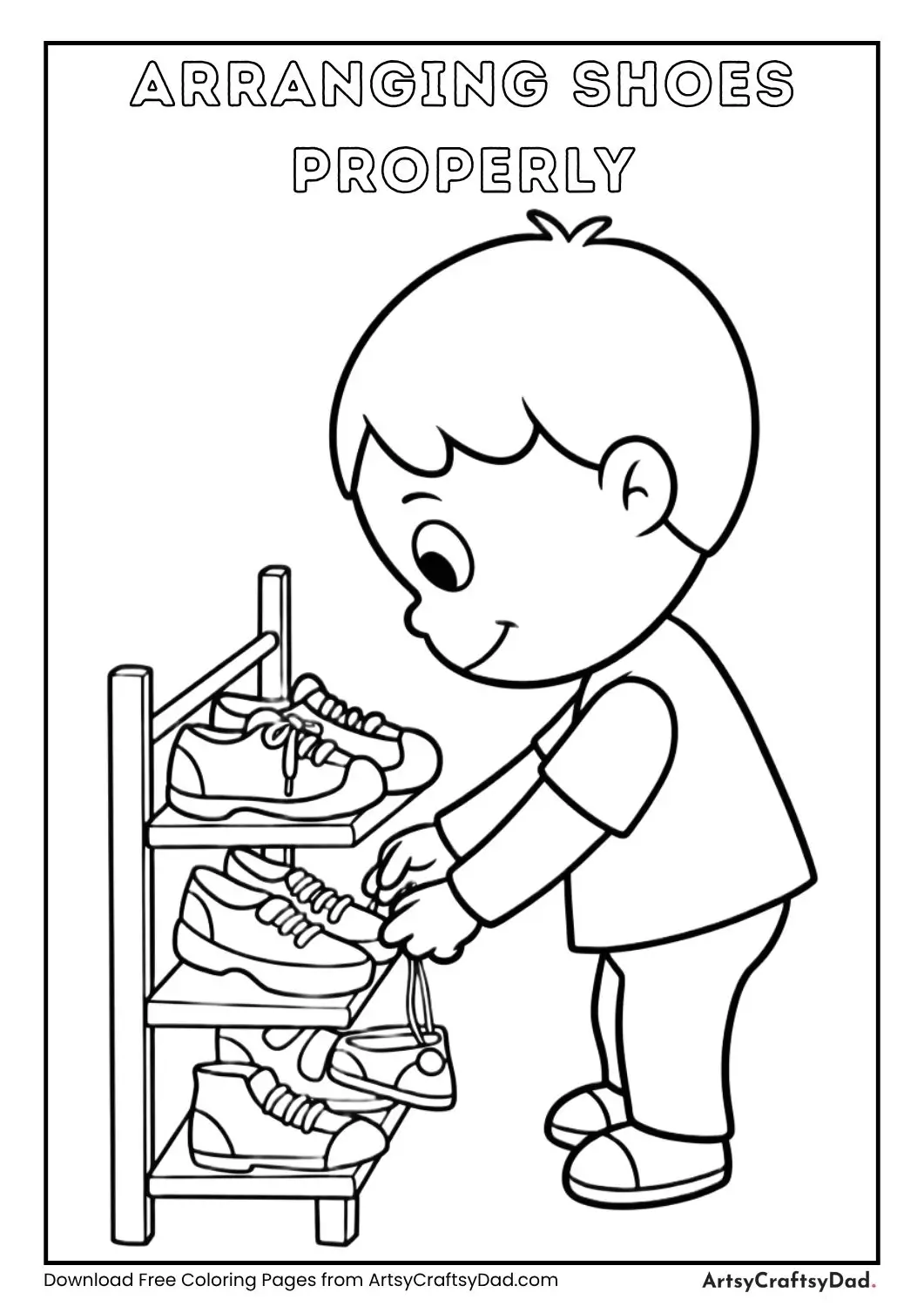 child placing shoes on rack coloring page