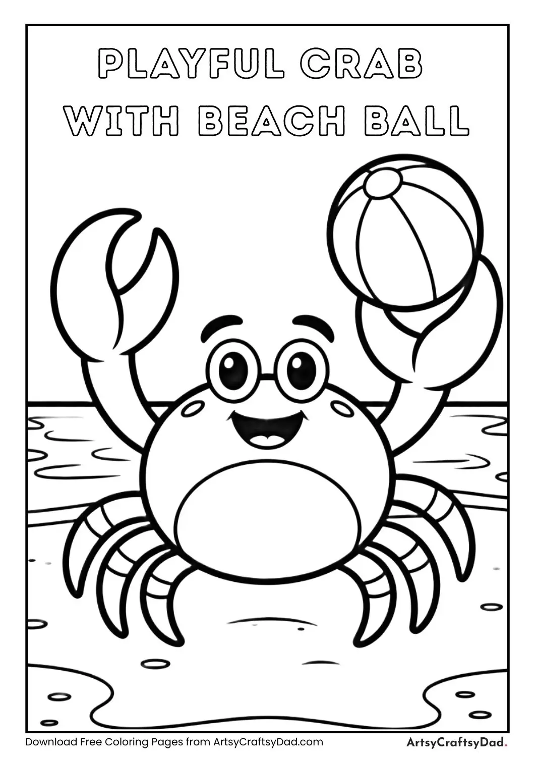 cartoon crab holding beach ball on sand coloring page for kids