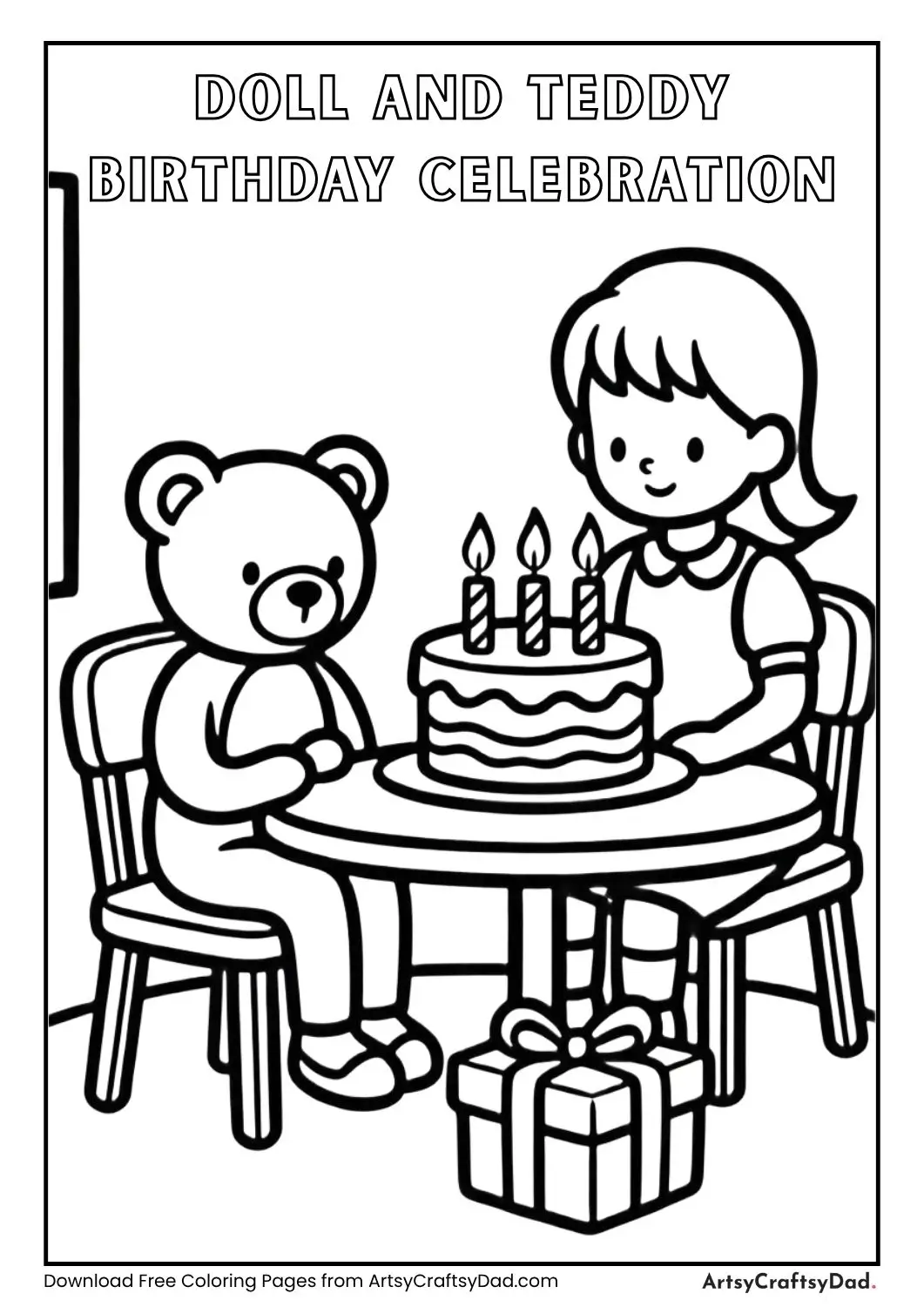 Doll and teddy bear birthday party coloring page