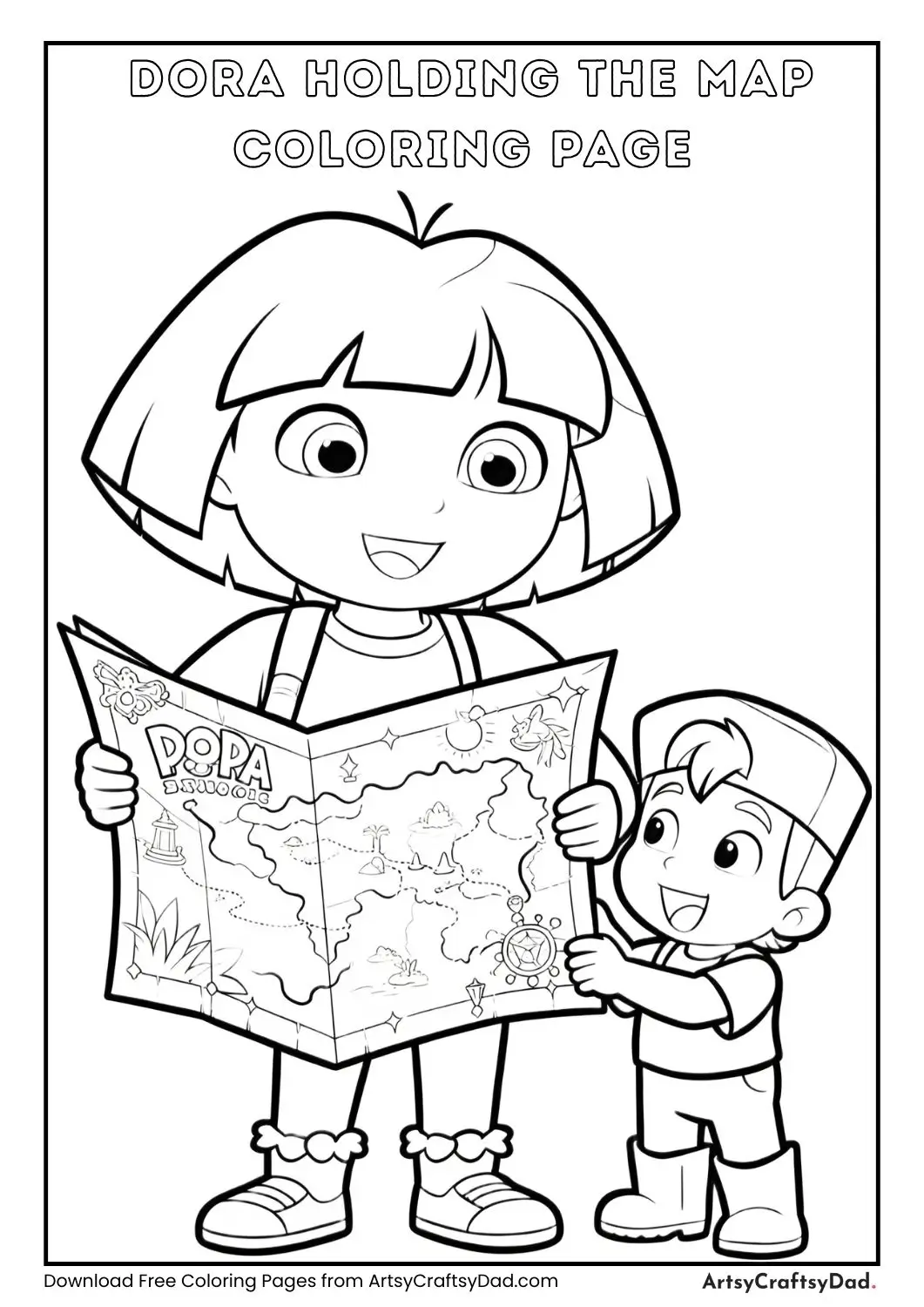 Dora holding her map with Boots looking at it coloring page for kids