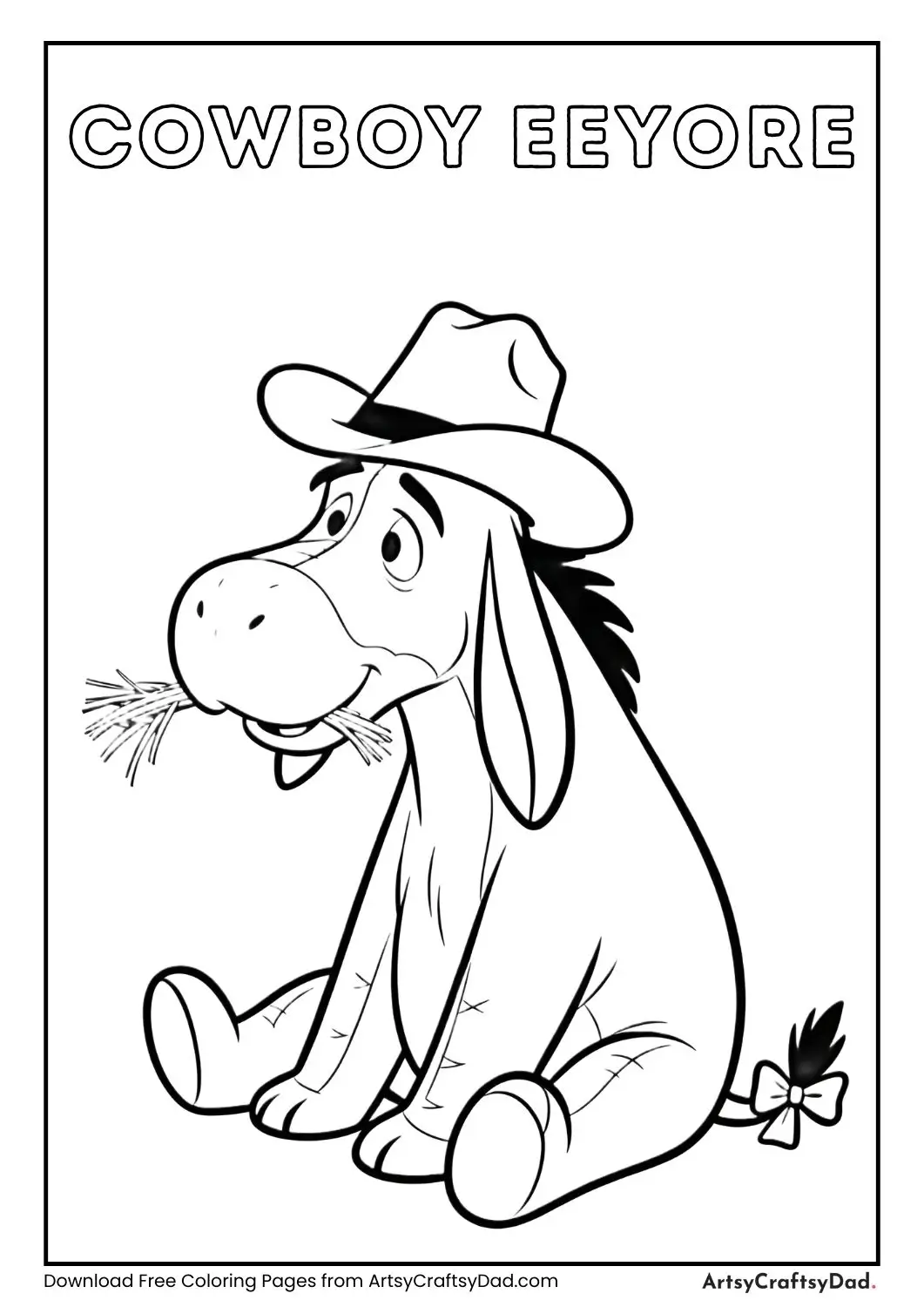 Eeyore wearing a cowboy hat with straw in his mouth
