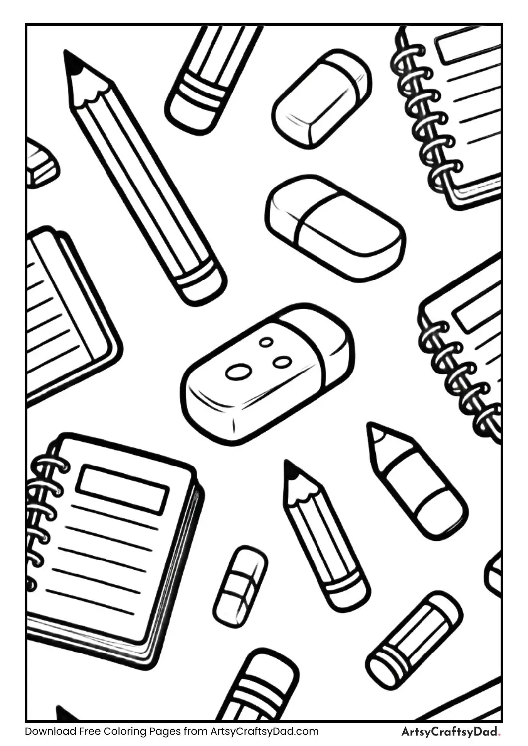black and white floating pencils erasers notebooks coloring page