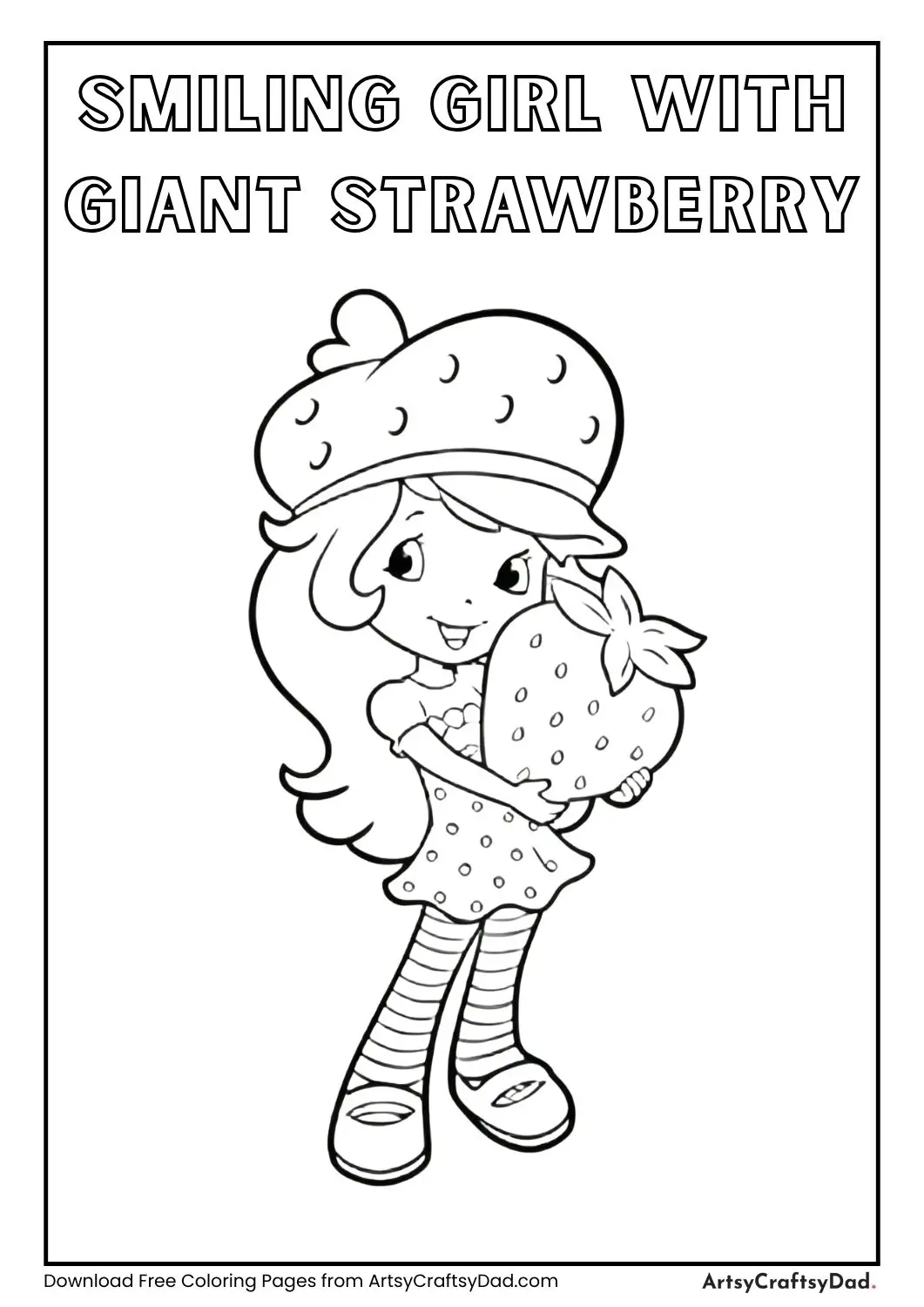 Cartoon girl holding a large strawberry and smiling
