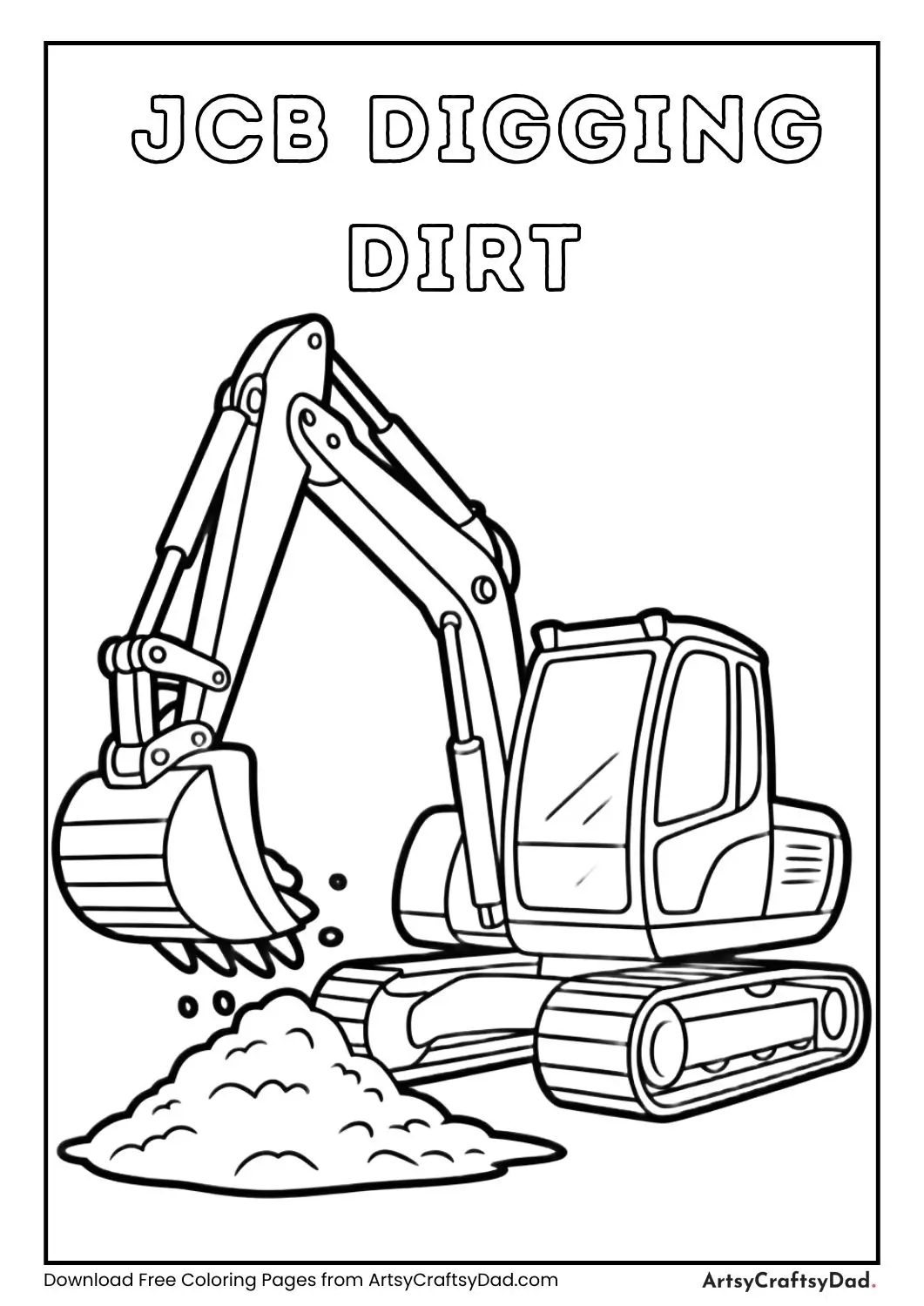 JCB excavator digging a pile of dirt black and white coloring page