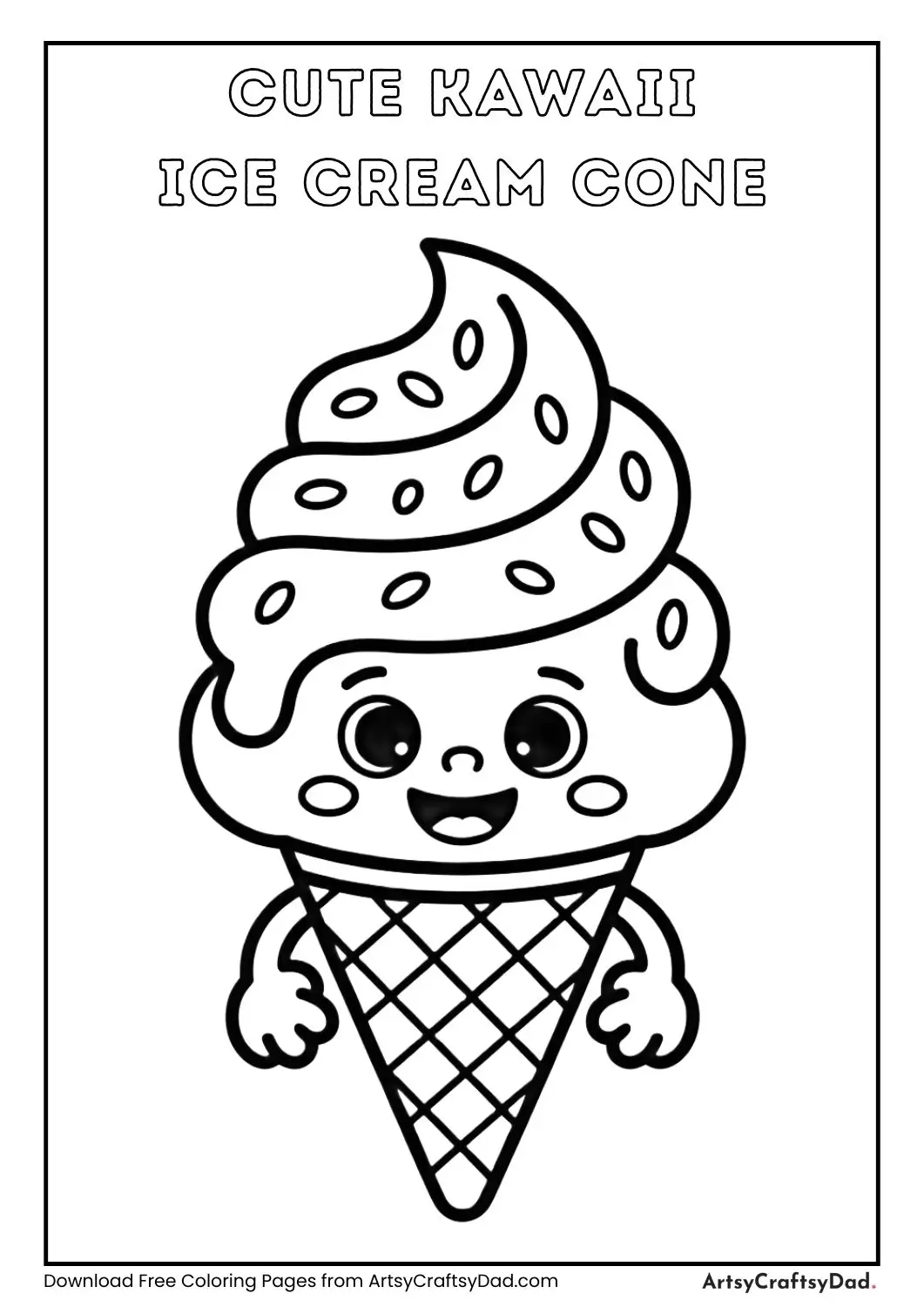 Cute kawaii ice cream cone character coloring page with smiling face and sprinkles