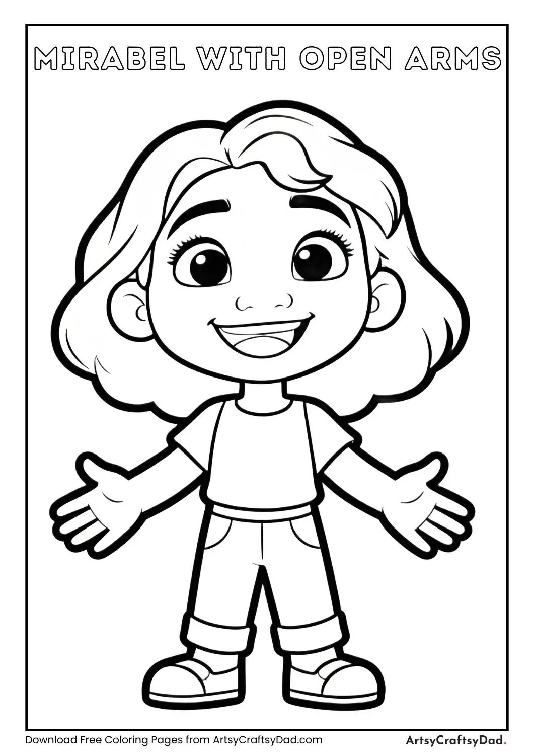 Coloring page of Mirabel Madrigal with arms open, black-and-white outlines for children.
