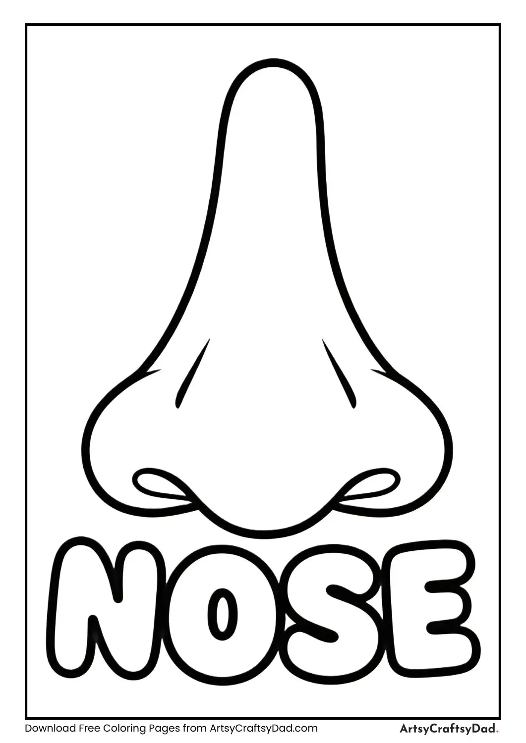 Big nose labeled Smell with flowers and scent lines coloring page