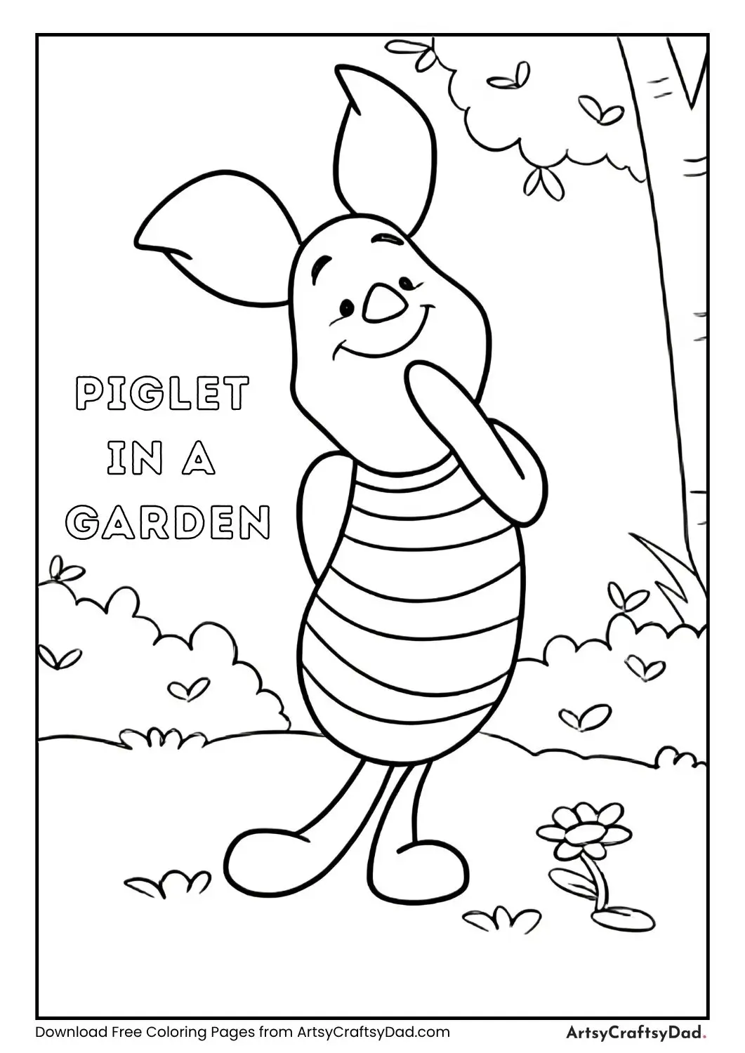 Simple black and white coloring page of Piglet standing in a garden with bushes, a tree, and a small flower.