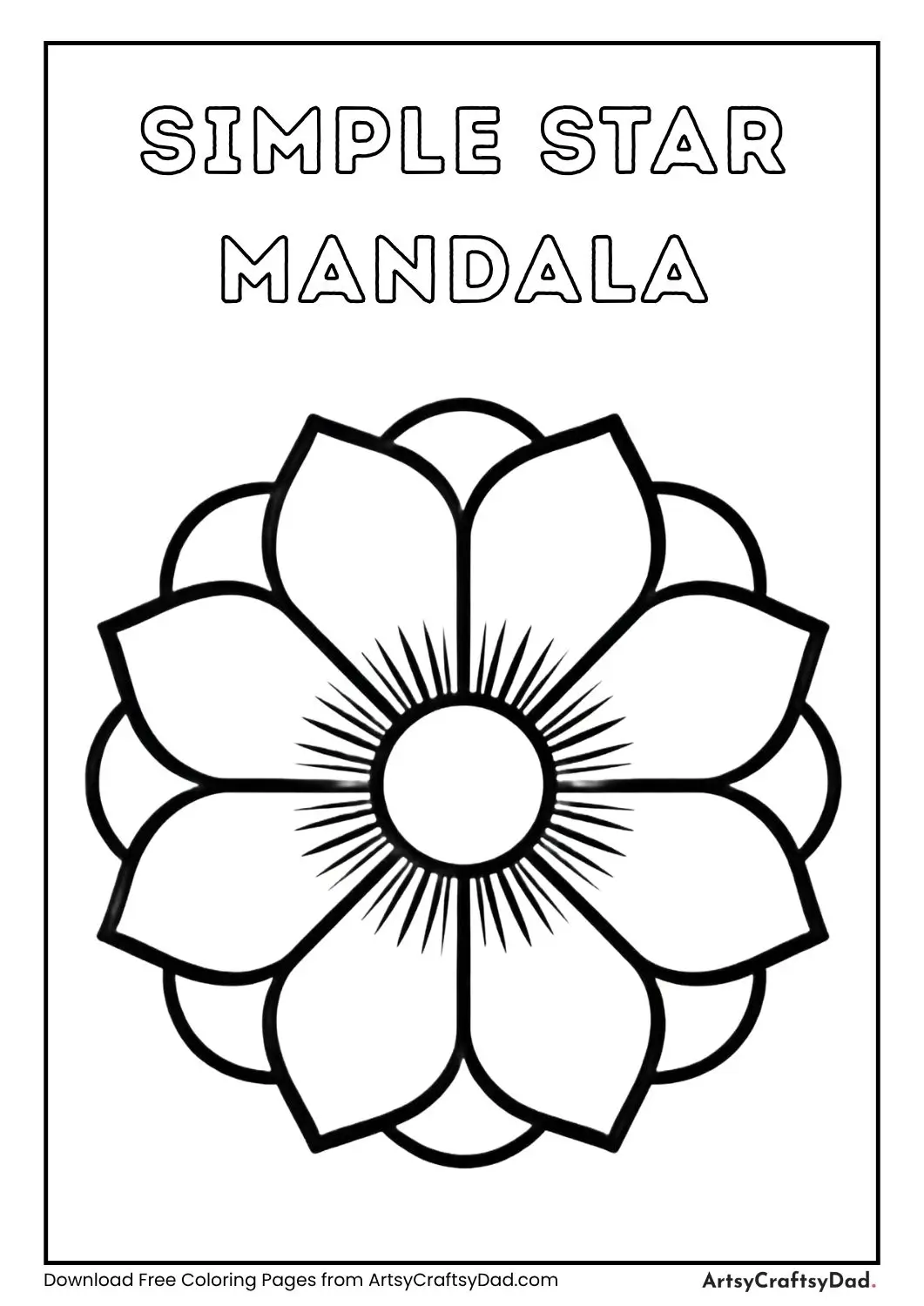 simple star mandala coloring page with bold black outlines for kids