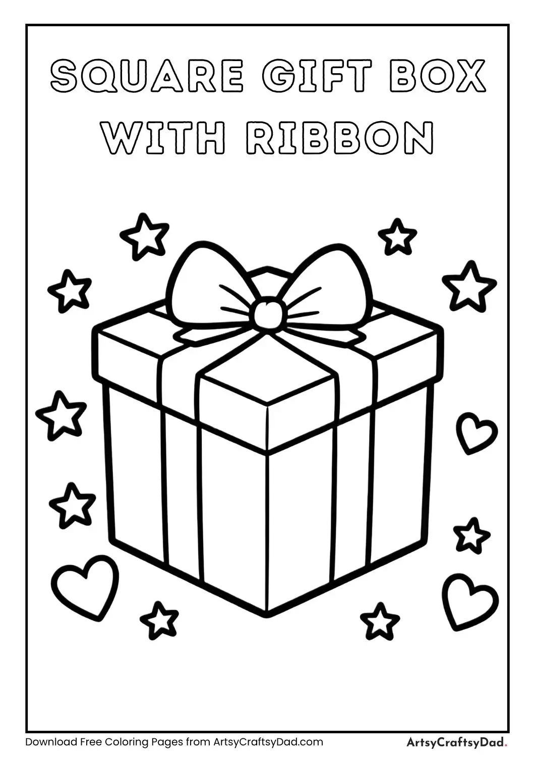 Big square gift box with ribbon, bow, stars and hearts coloring page