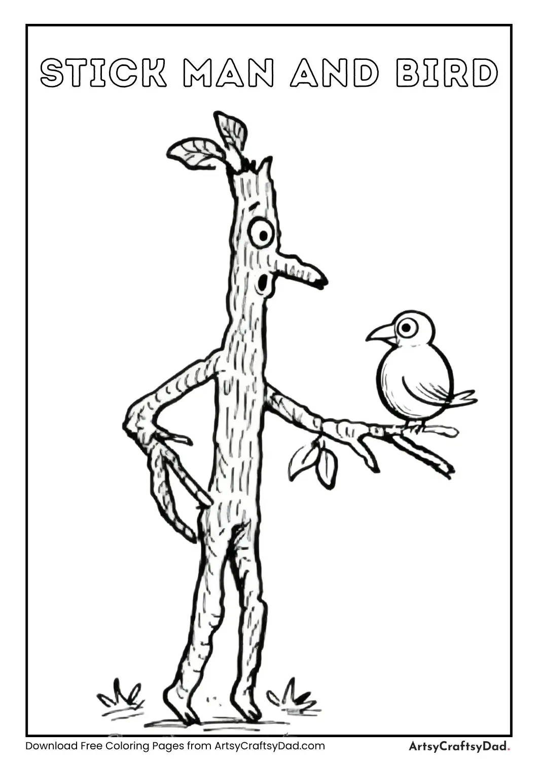 Black and white line drawing of a stick man standing on grass with a small bird sitting on his arm.