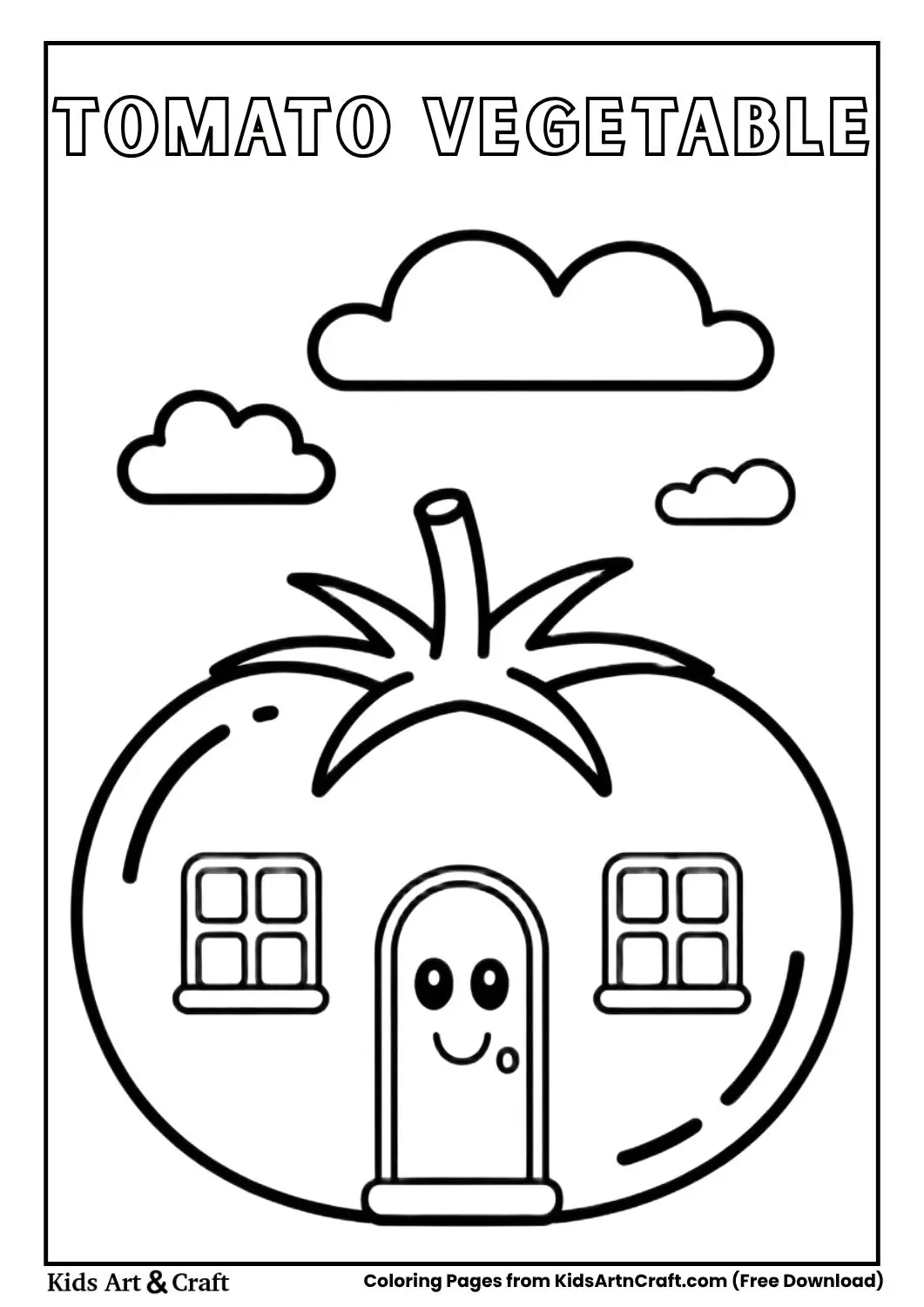 Tomato shaped house black and white coloring page with smiling door and simple windows