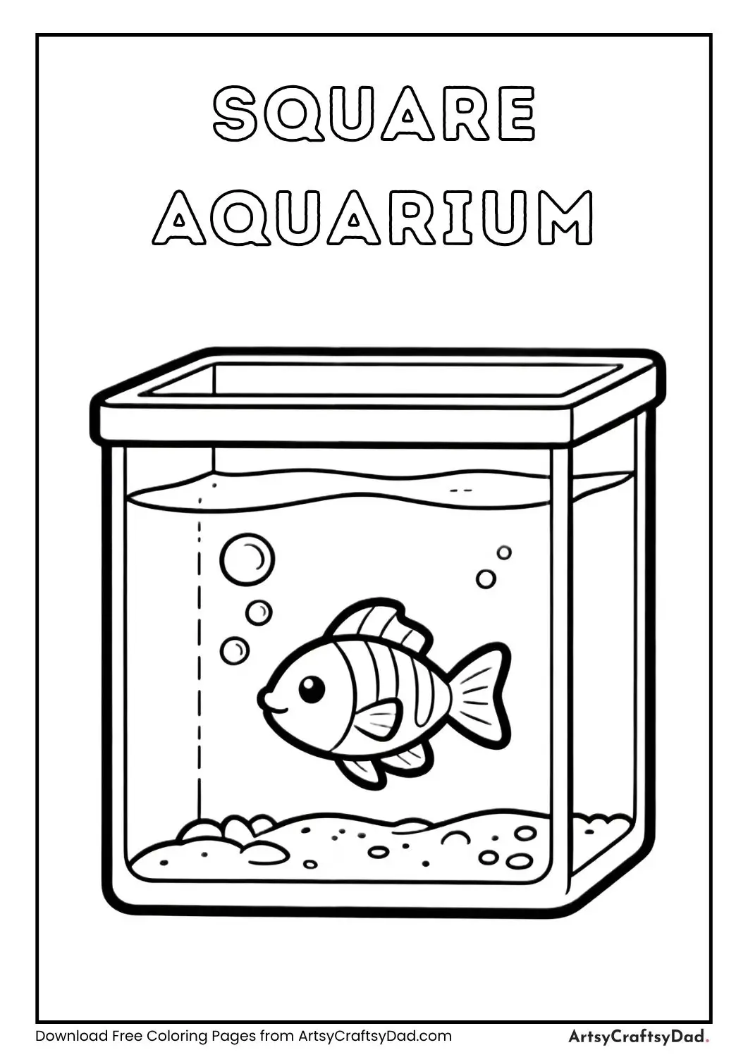 Small square aquarium with fish and bubbles coloring page