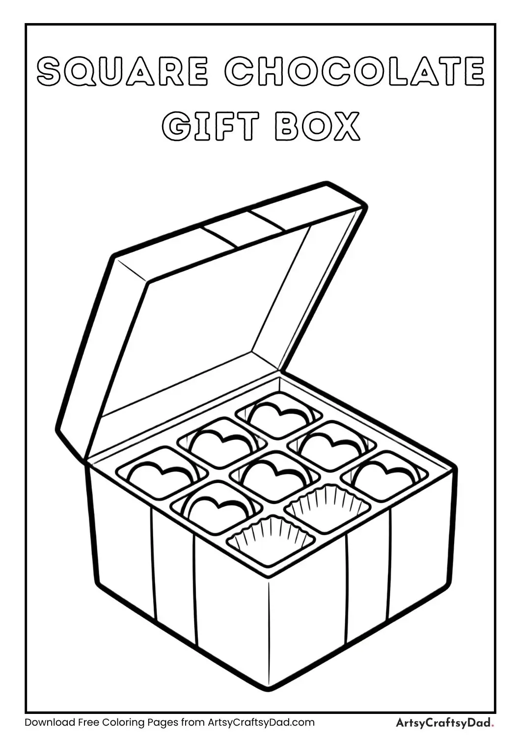 Open a square chocolate gift box with chocolates inside, coloring page