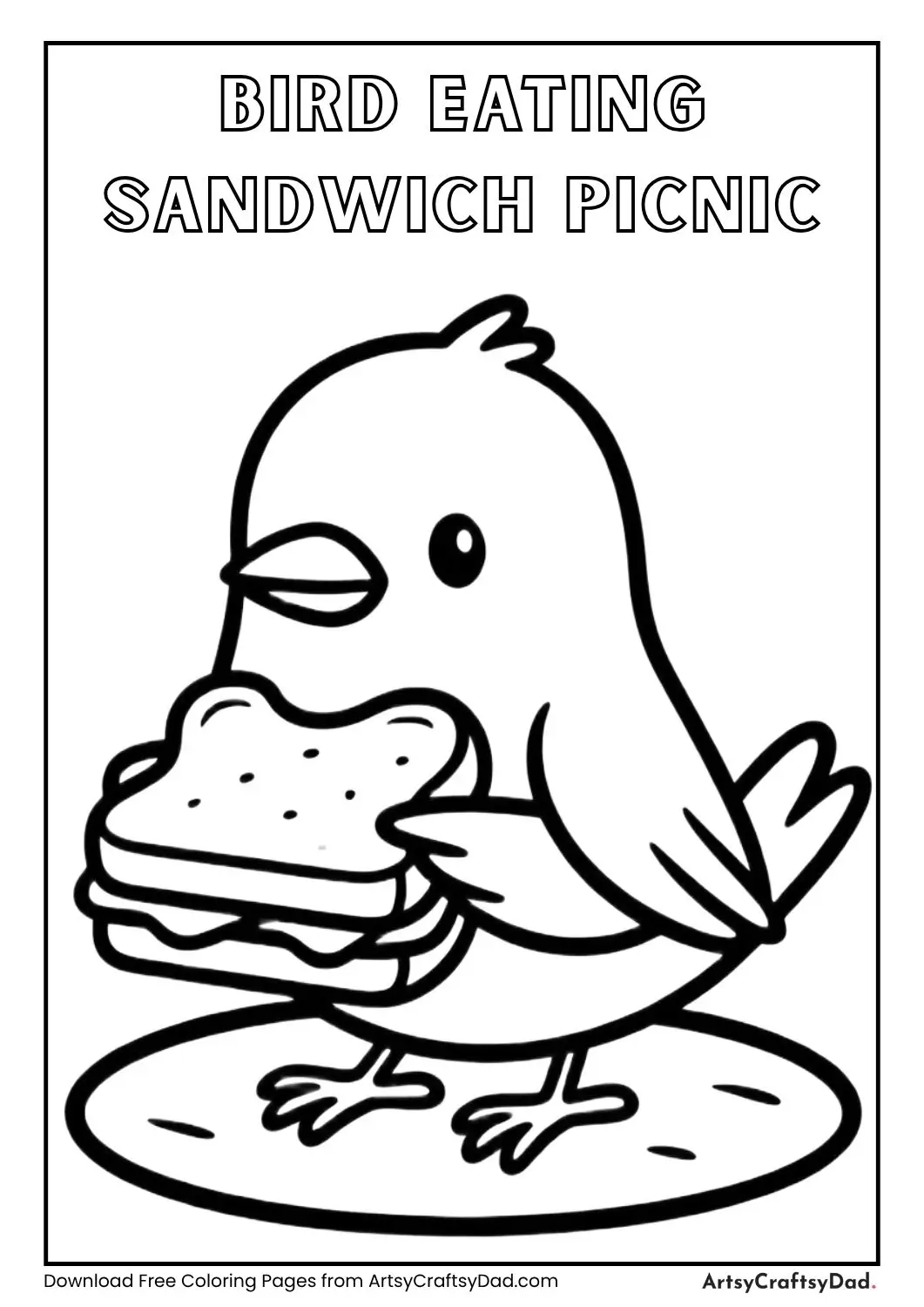 Small bird holding sandwich on picnic mat coloring page
