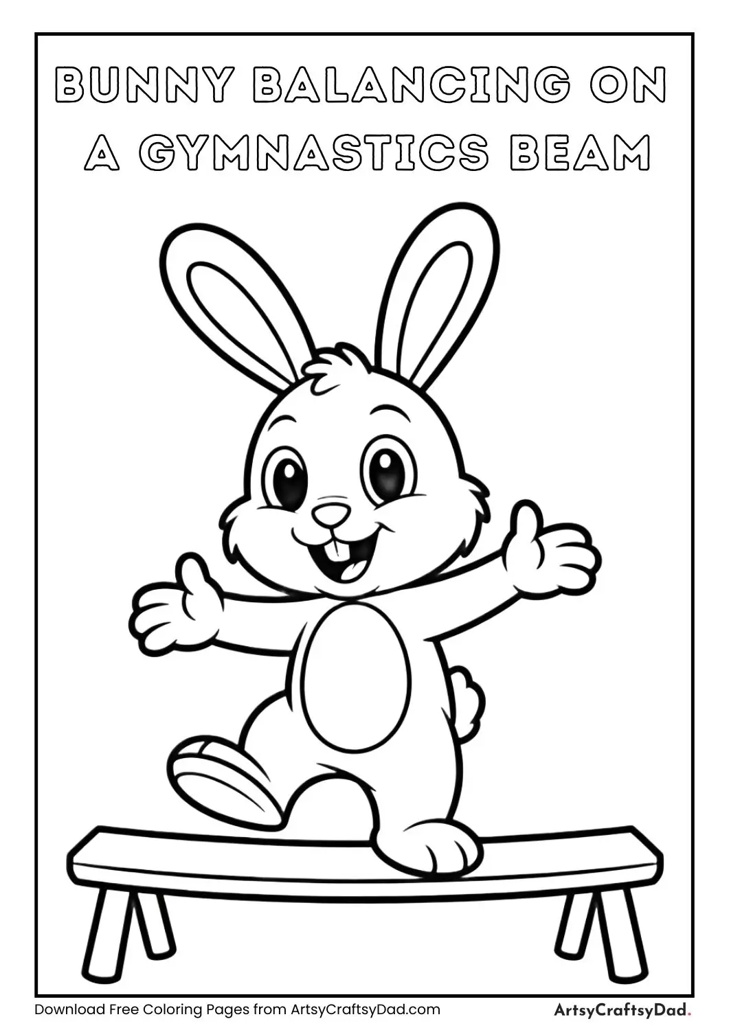 cute bunny balancing on a gymnastics balance beam coloring page for kids
