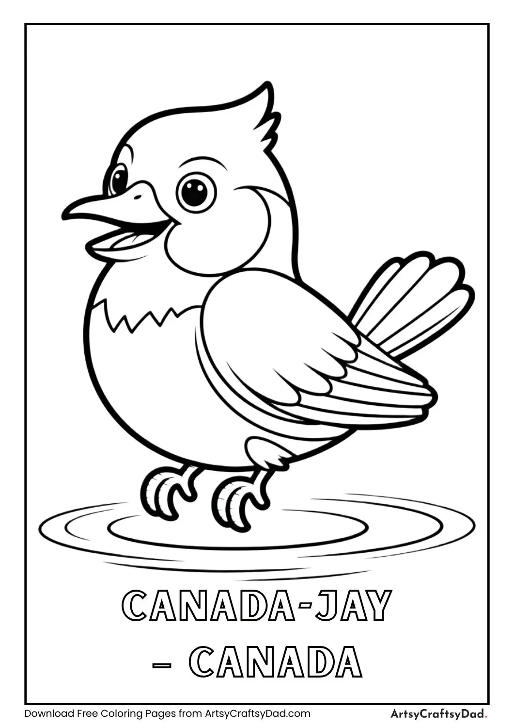 Cartoon-style Canada jay floating on water with smooth outlines and labeled “Canada jay – Canada”