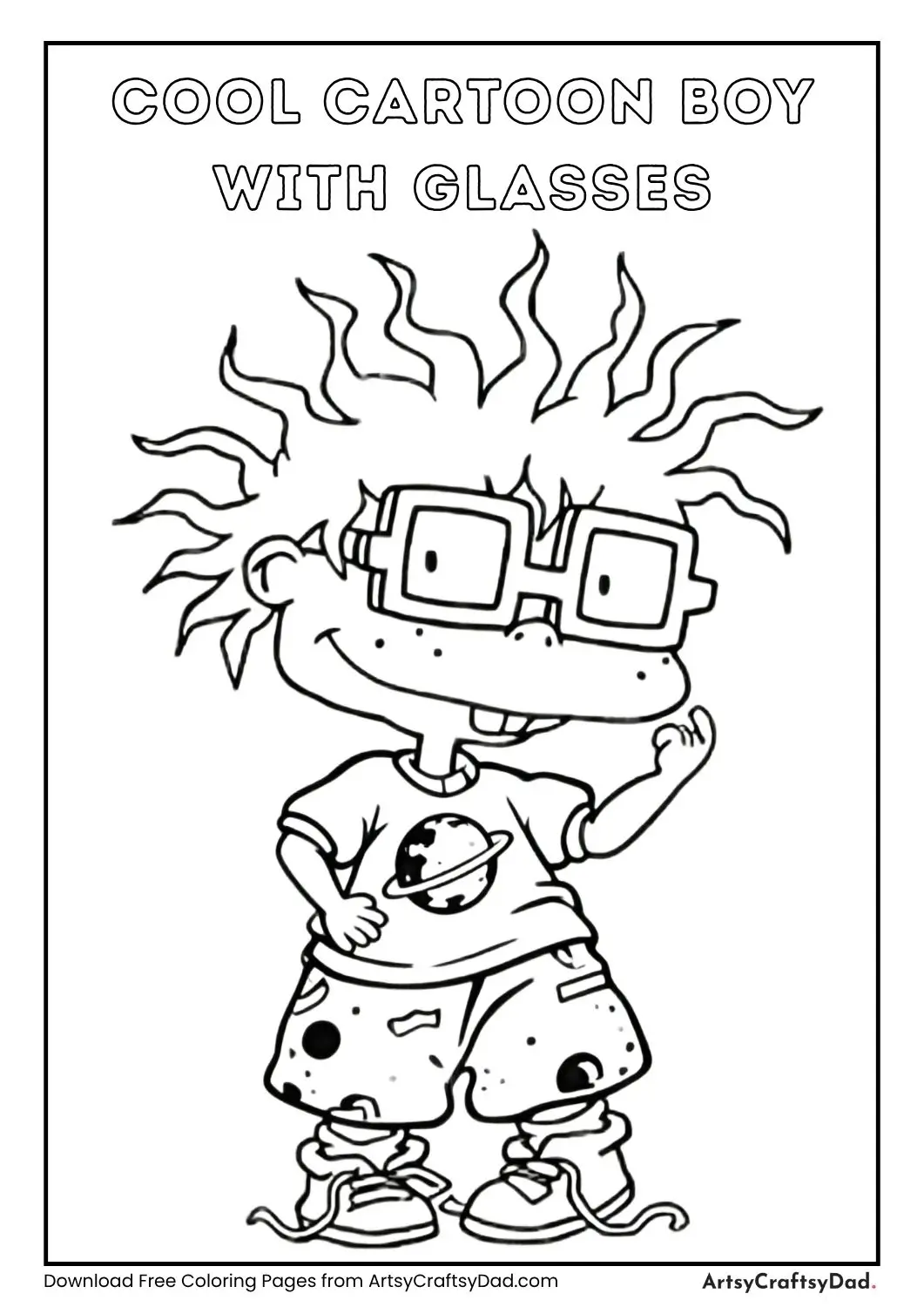 Black and white coloring page of a smiling cartoon boy with spiky hair, large glasses, and a planet t-shirt.