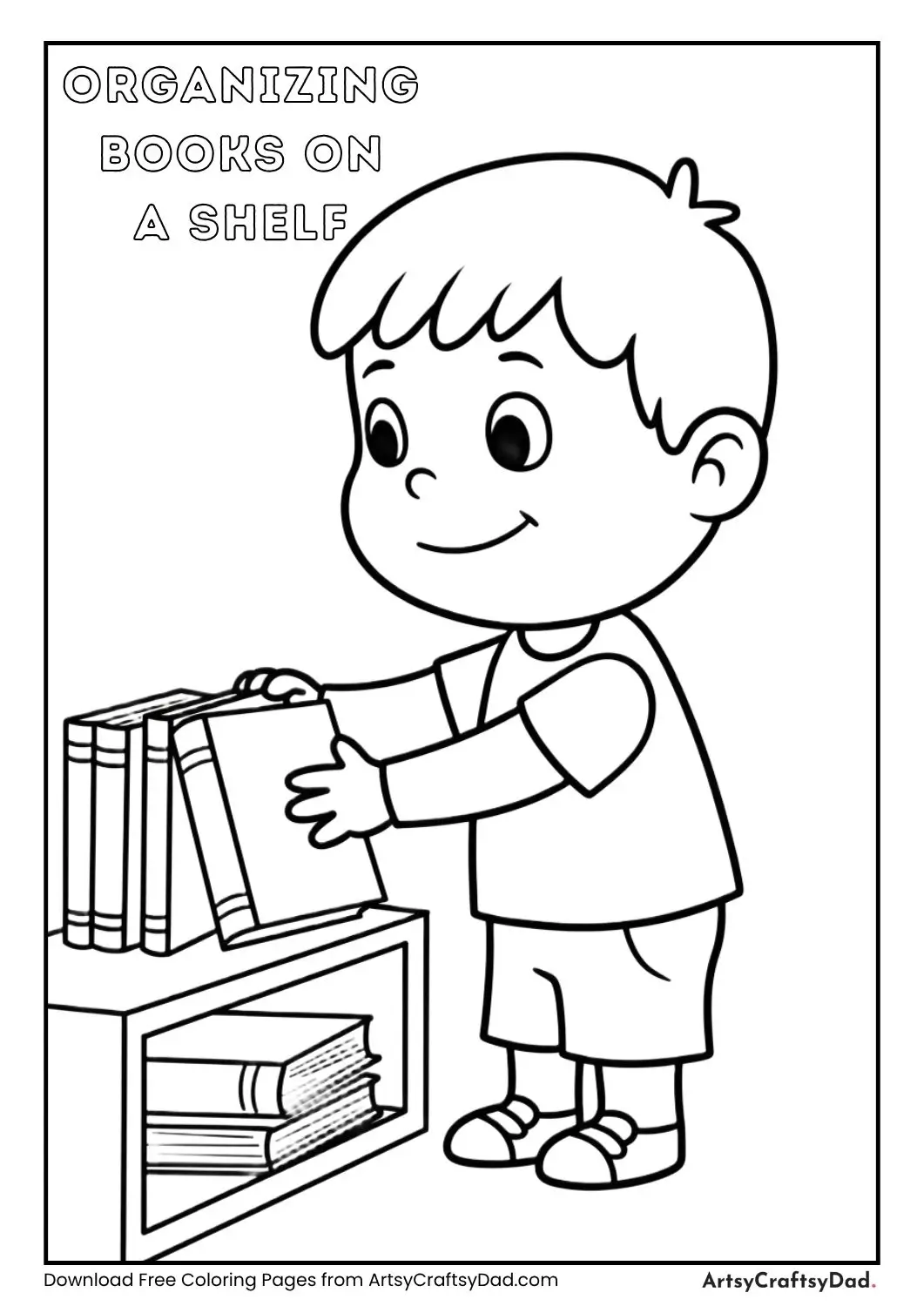 child arranging books on shelf coloring page