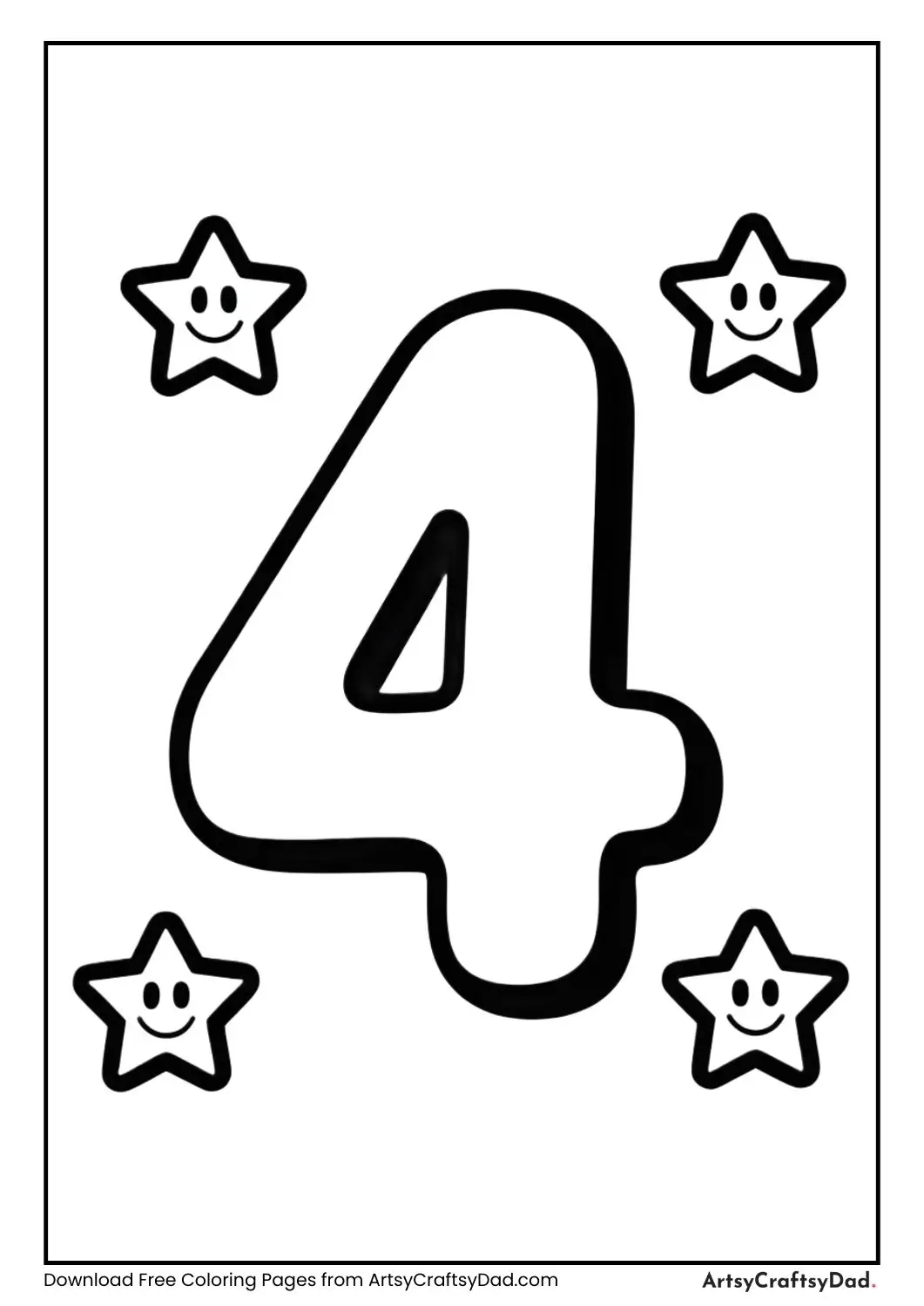 Number 4 with four stars coloring page